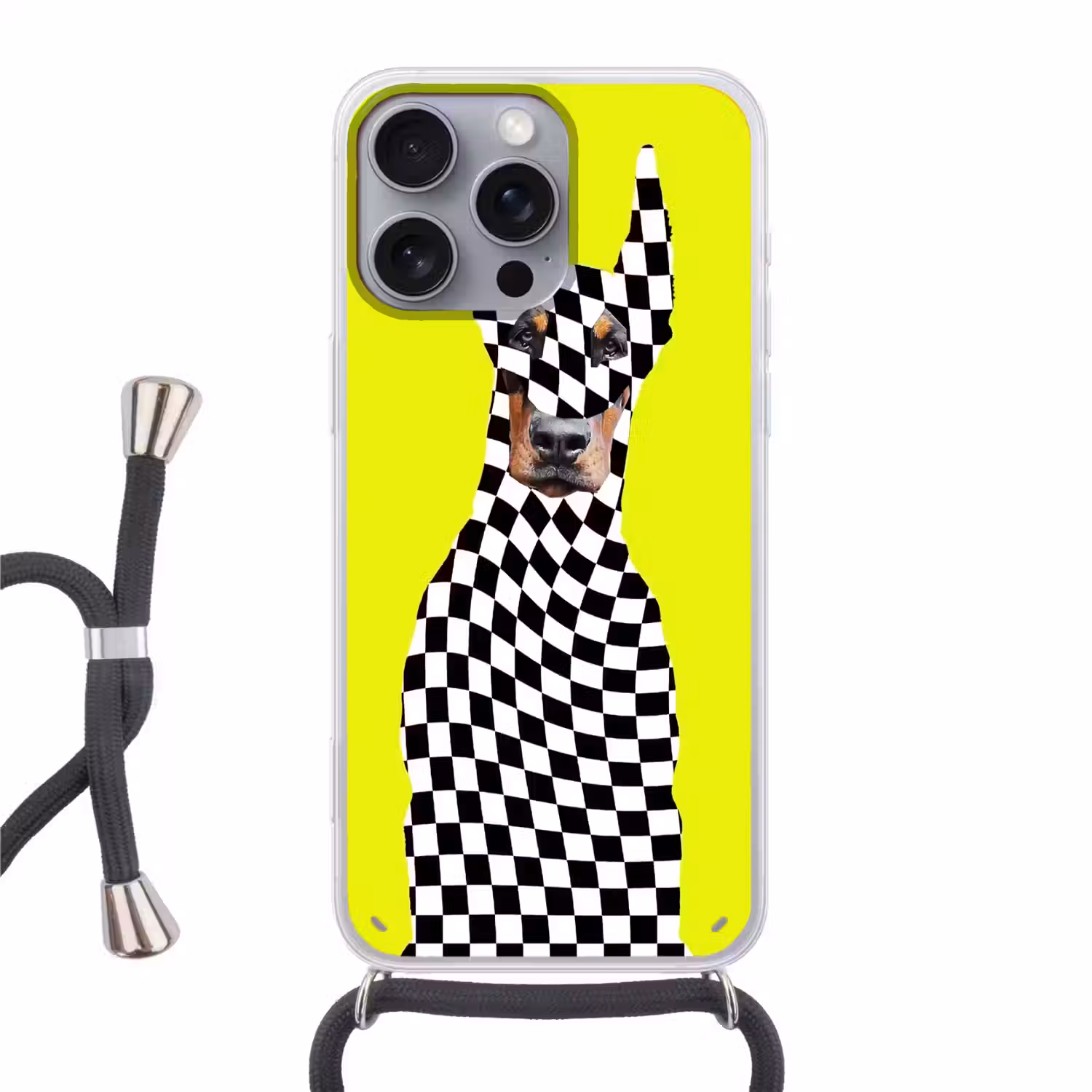 Dobermann - Geblokt - Geel Hoesje iPhone 16 Pro Max met koord klein -3d