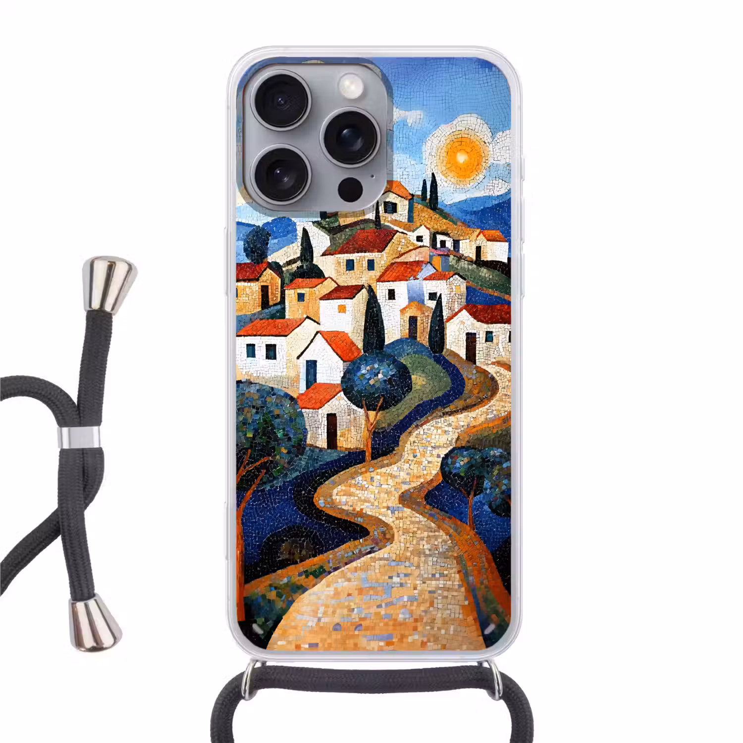 Dorp - Heuvelachtig - Zon - Mozaïek Hoesje iPhone 16 Pro Max met koord klein -3d