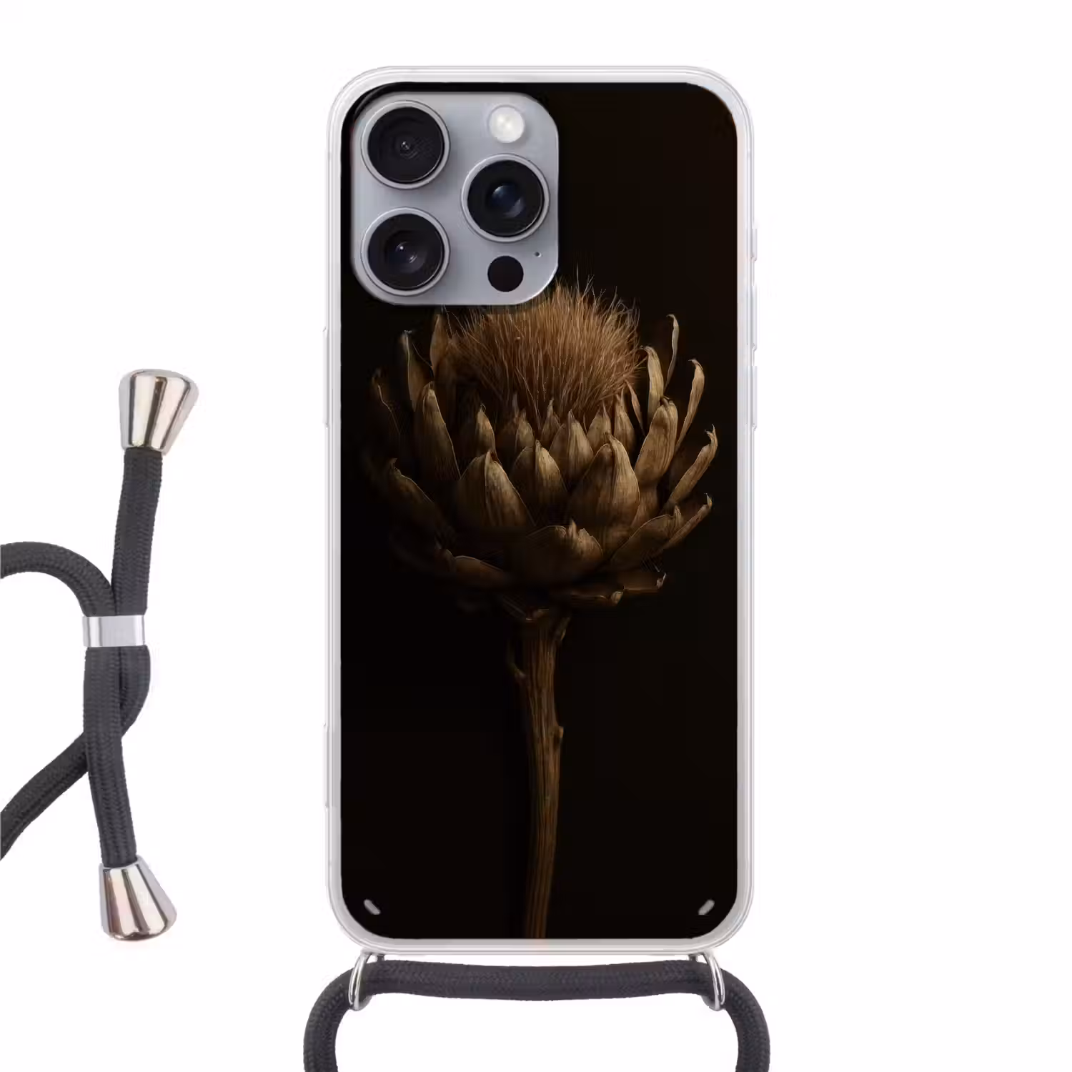Donkerbruin - Bloem - Textuur - Artisjok Hoesje iPhone 16 Pro Max met koord klein -3d