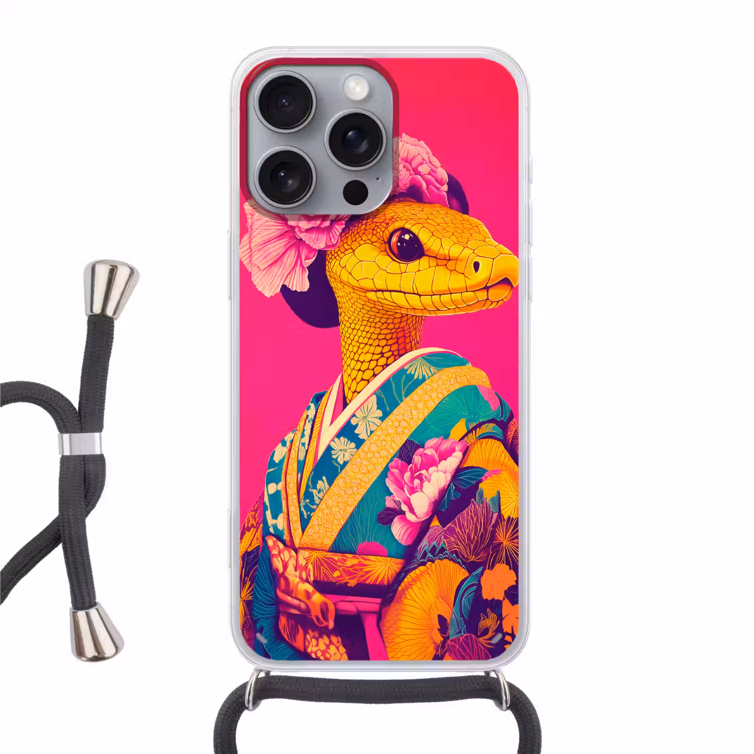 Hagedis - Bloemen - Roze - Kimono Hoesje iPhone 16 Pro Max met koord klein -3d