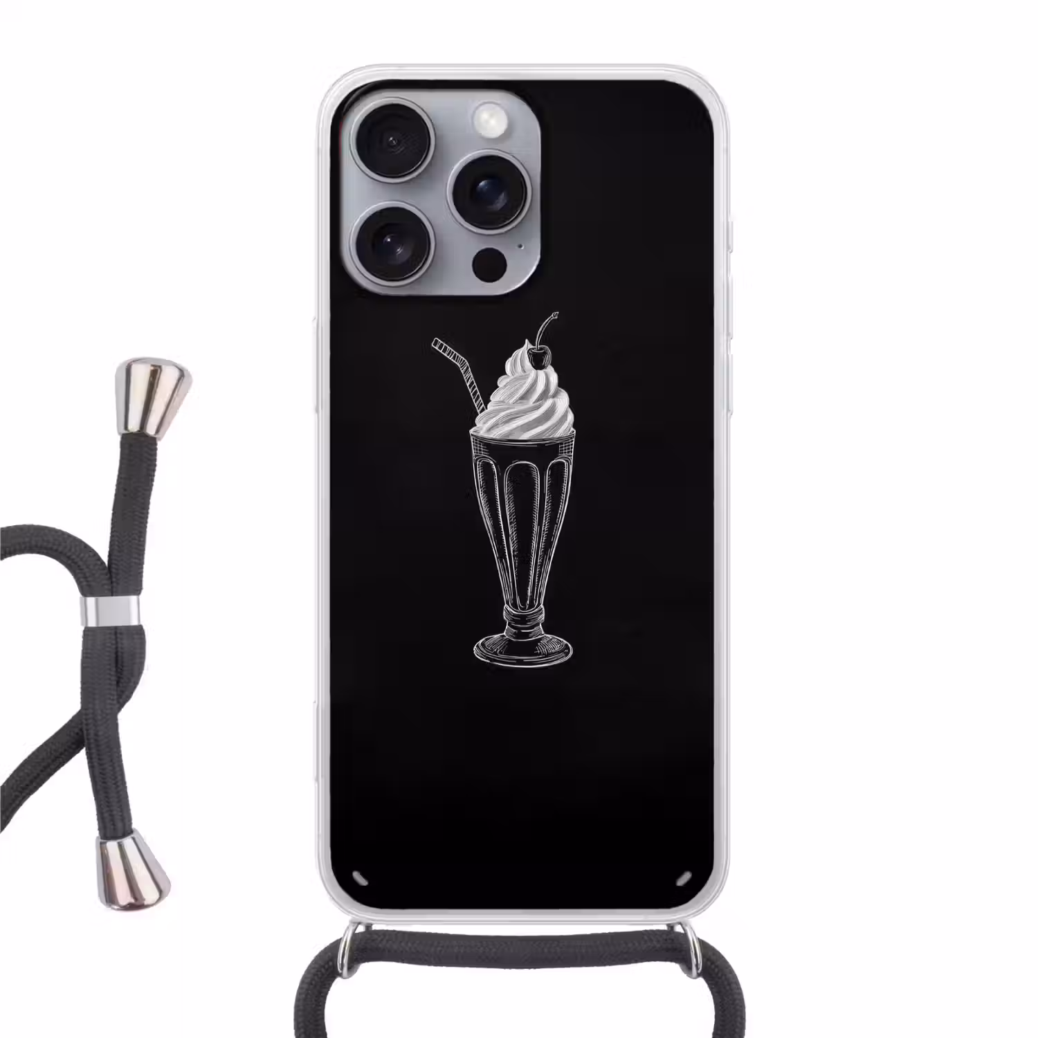 Ijscoupe - Kers - Krijtstijl - Slagroom Hoesje iPhone 16 Pro Max met koord klein -3d