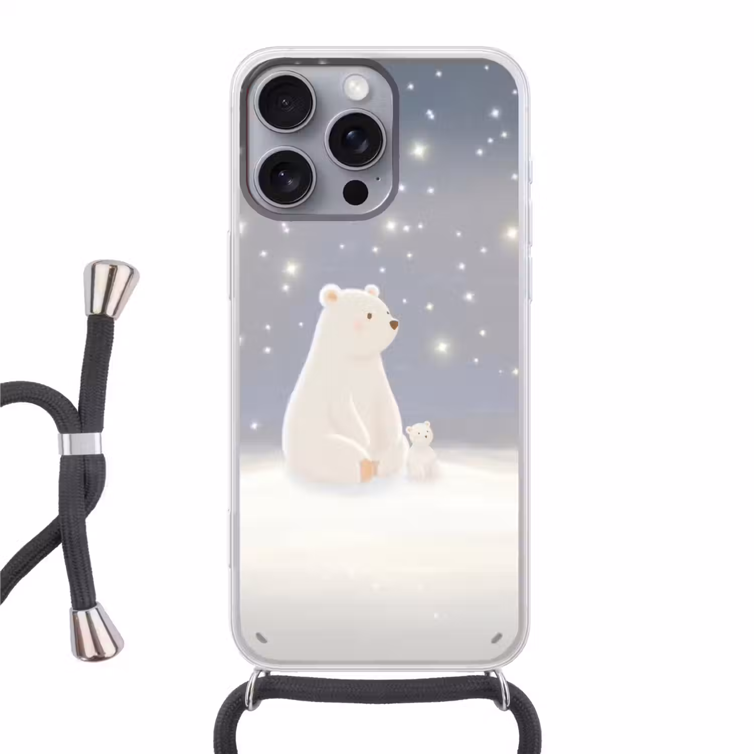 Ijsbeer - Sneeuw - Sterren - Blauw Hoesje iPhone 16 Pro Max met koord klein -3d