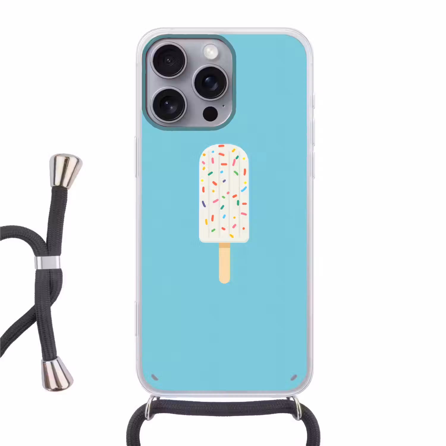 Ijsje - Stokje - Sprinkles - Lichtblauw Hoesje iPhone 16 Pro Max met koord klein -3d