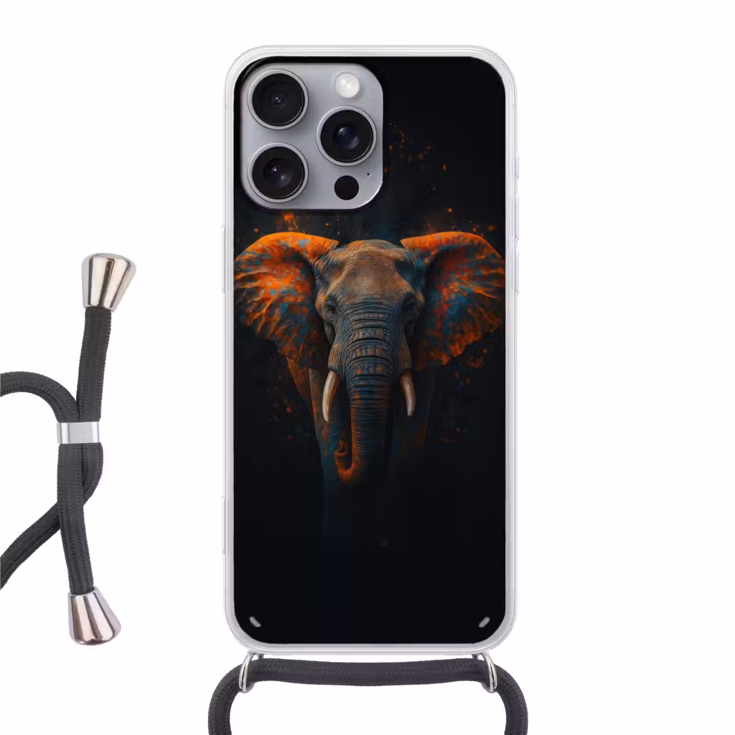 Olifant - Oranje - Oren Hoesje iPhone 16 Pro Max met koord klein -3d