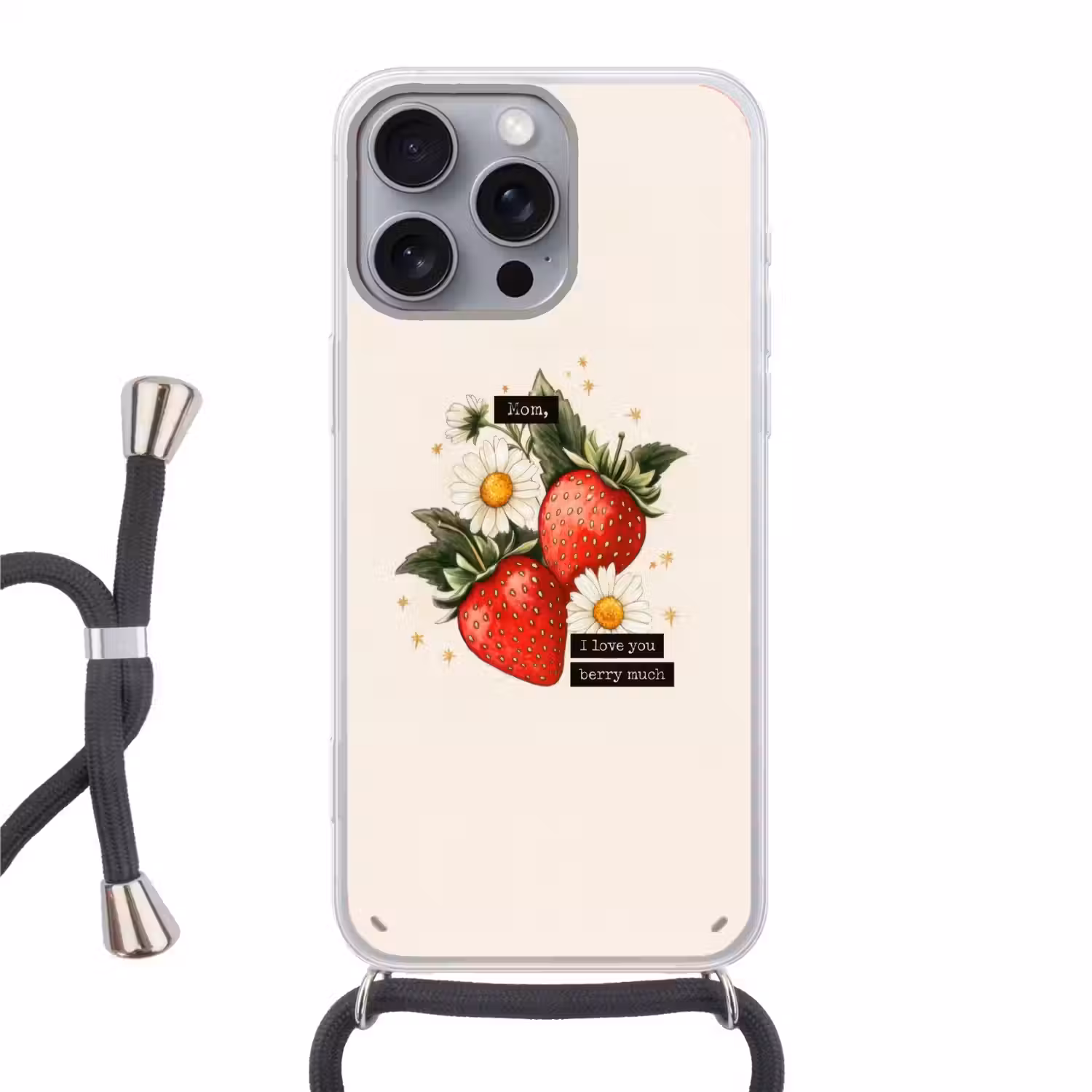 Aardbeien - Madeliefjes - Quote - Sterretjes Hoesje iPhone 16 Pro Max met koord klein -3d