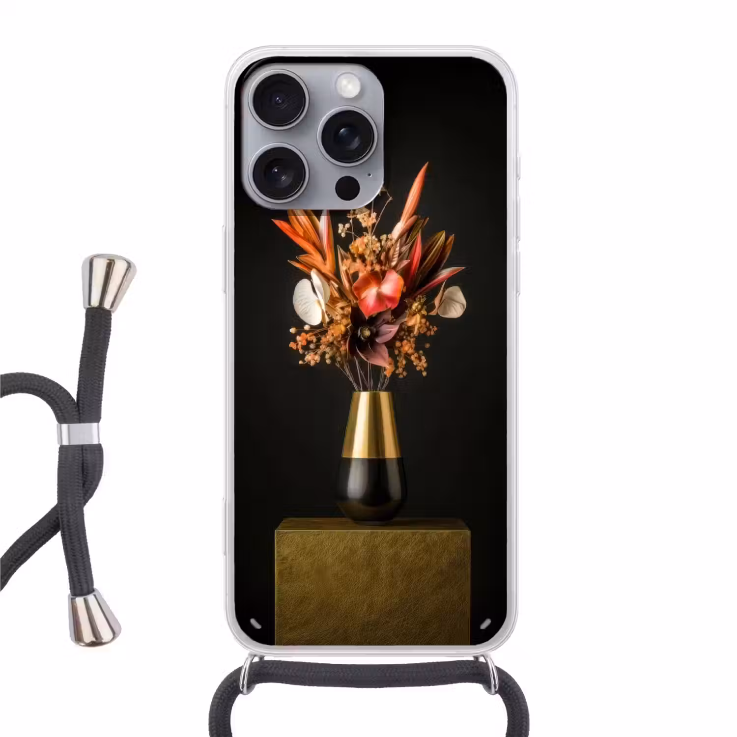 Exotisch - Boeket - Vaas - Goud Hoesje iPhone 16 Pro Max met koord klein -3d