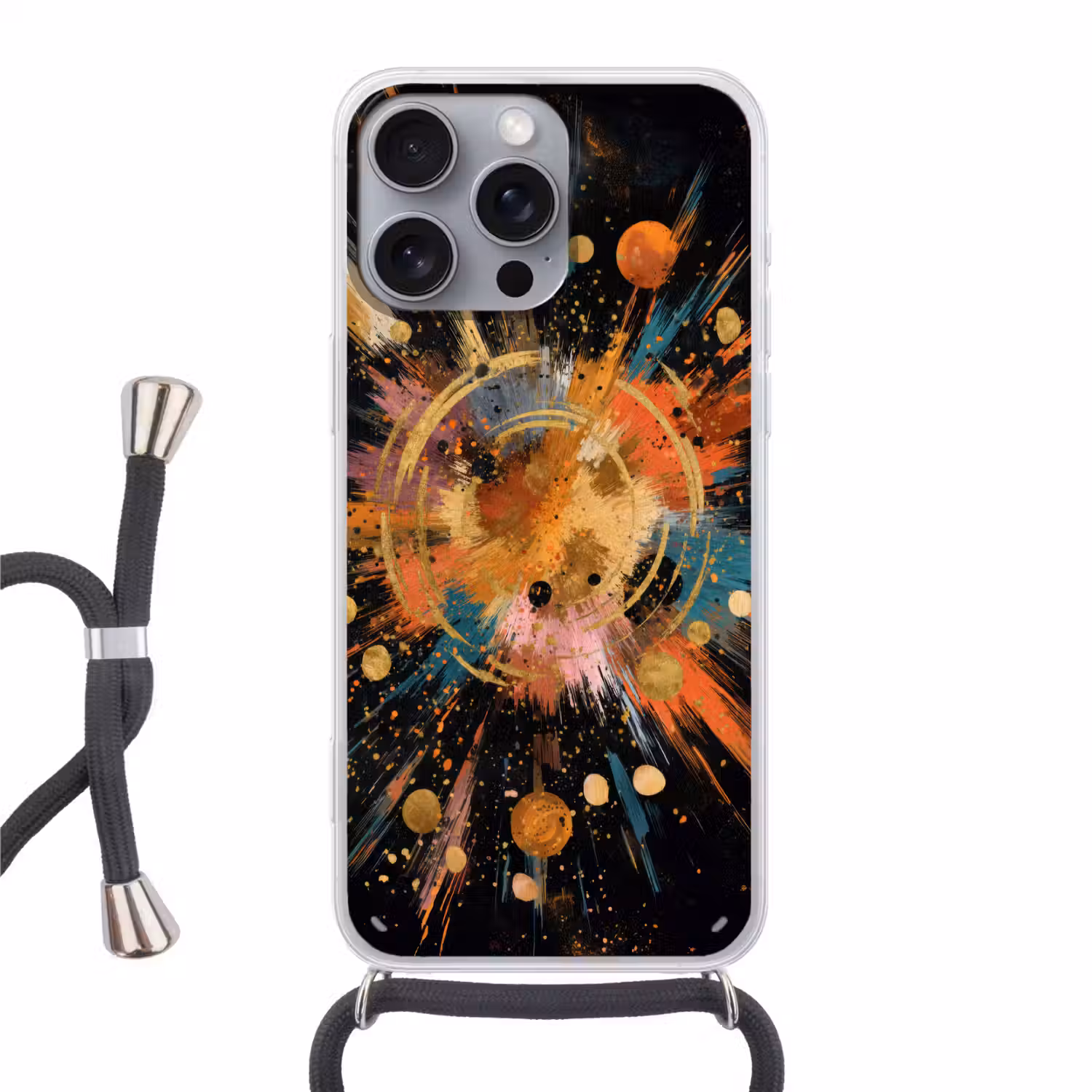 Explosie - Verfstructuur - Goud - Abstract Hoesje iPhone 16 Pro Max met koord klein -3d