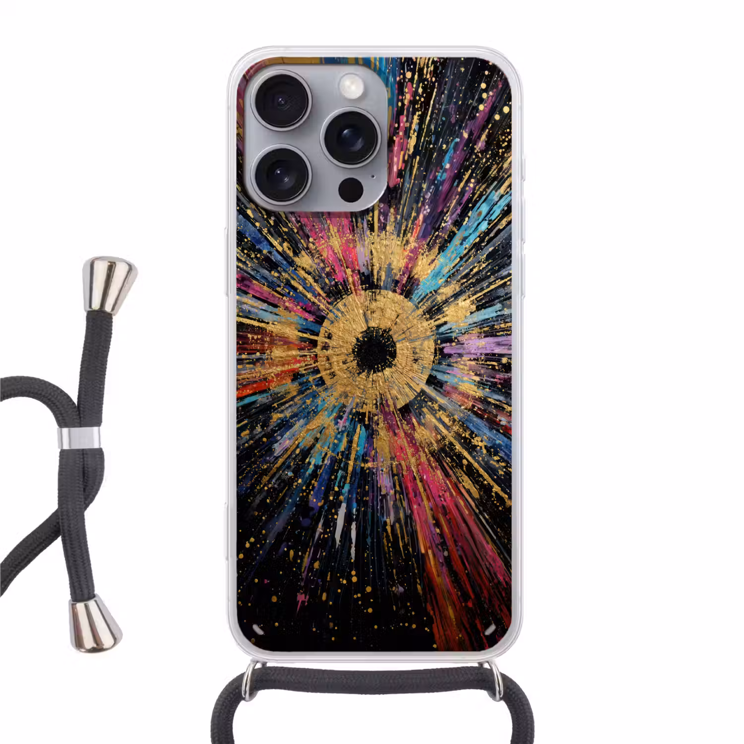 Explosie - Goud - Kleurrijk - Abstract Hoesje iPhone 16 Pro Max met koord klein -3d