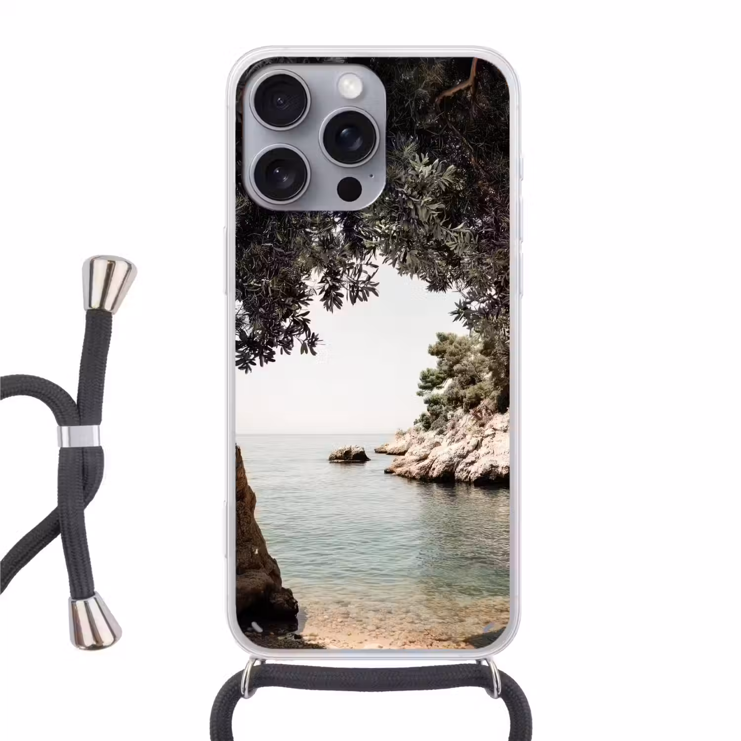 Rotsen - Zee - Boom - Groen Hoesje iPhone 16 Pro Max met koord klein -3d