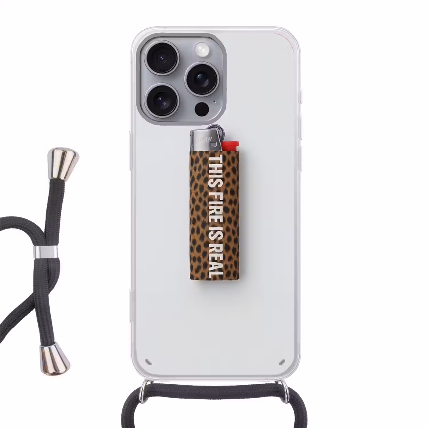 Aansteker - Quote - Panterprint Hoesje iPhone 16 Pro Max met koord klein -3d