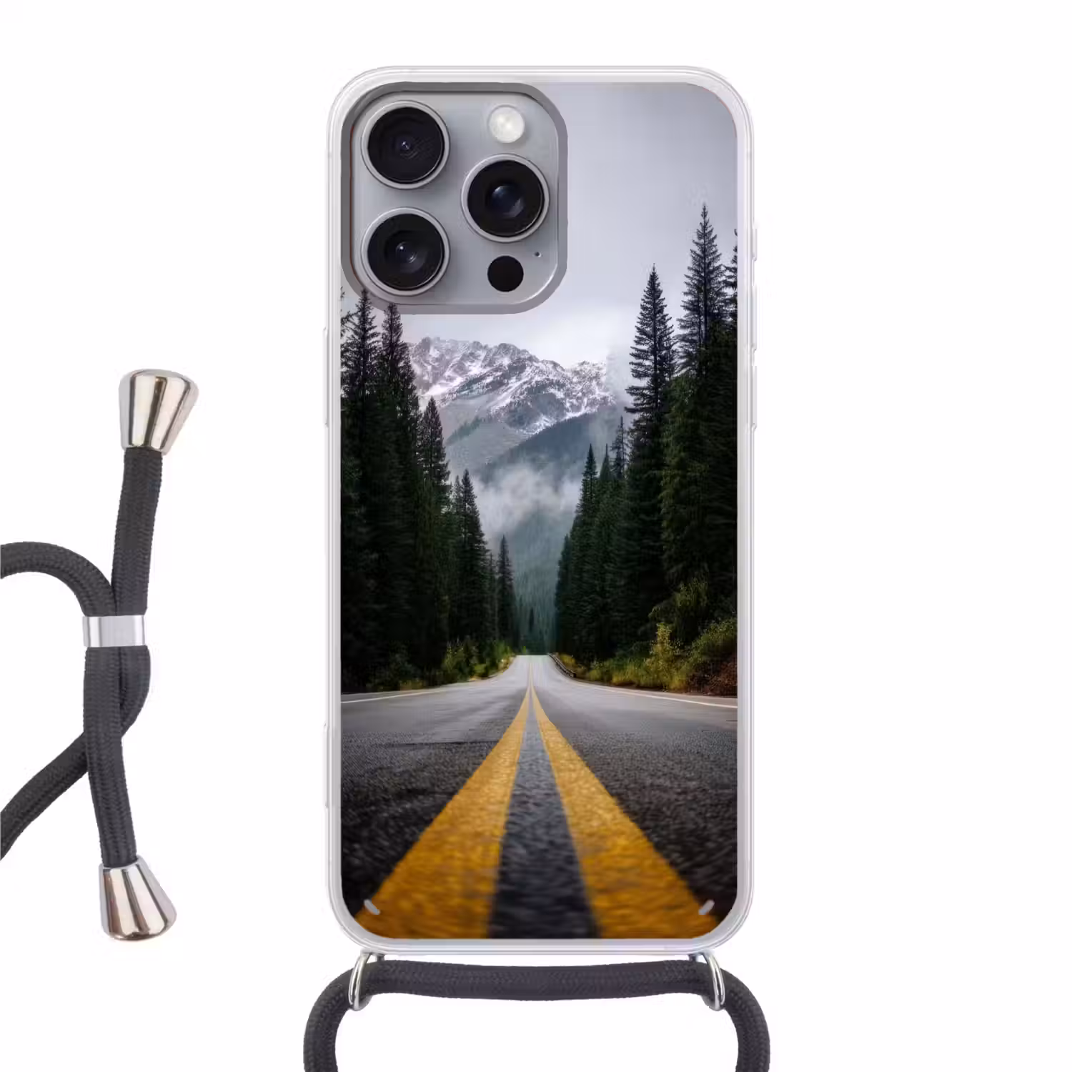 Sparrenbos - Weg - Bergen - Sneeuw Hoesje iPhone 16 Pro Max met koord klein -3d