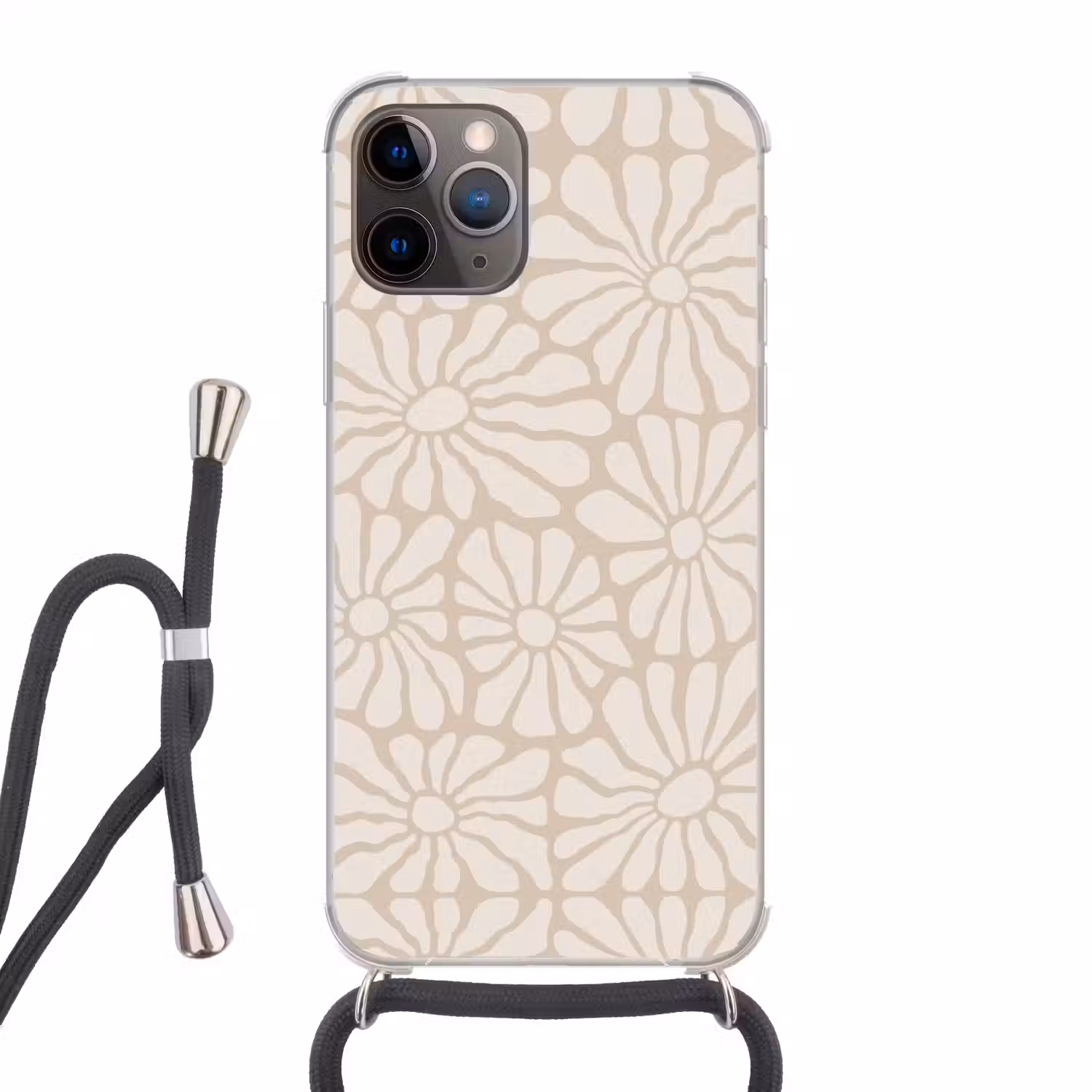Bloemen - Print - Beige - Bruin - Minimalistisch Hoesje iPhone 12 Pro met koord klein -3d