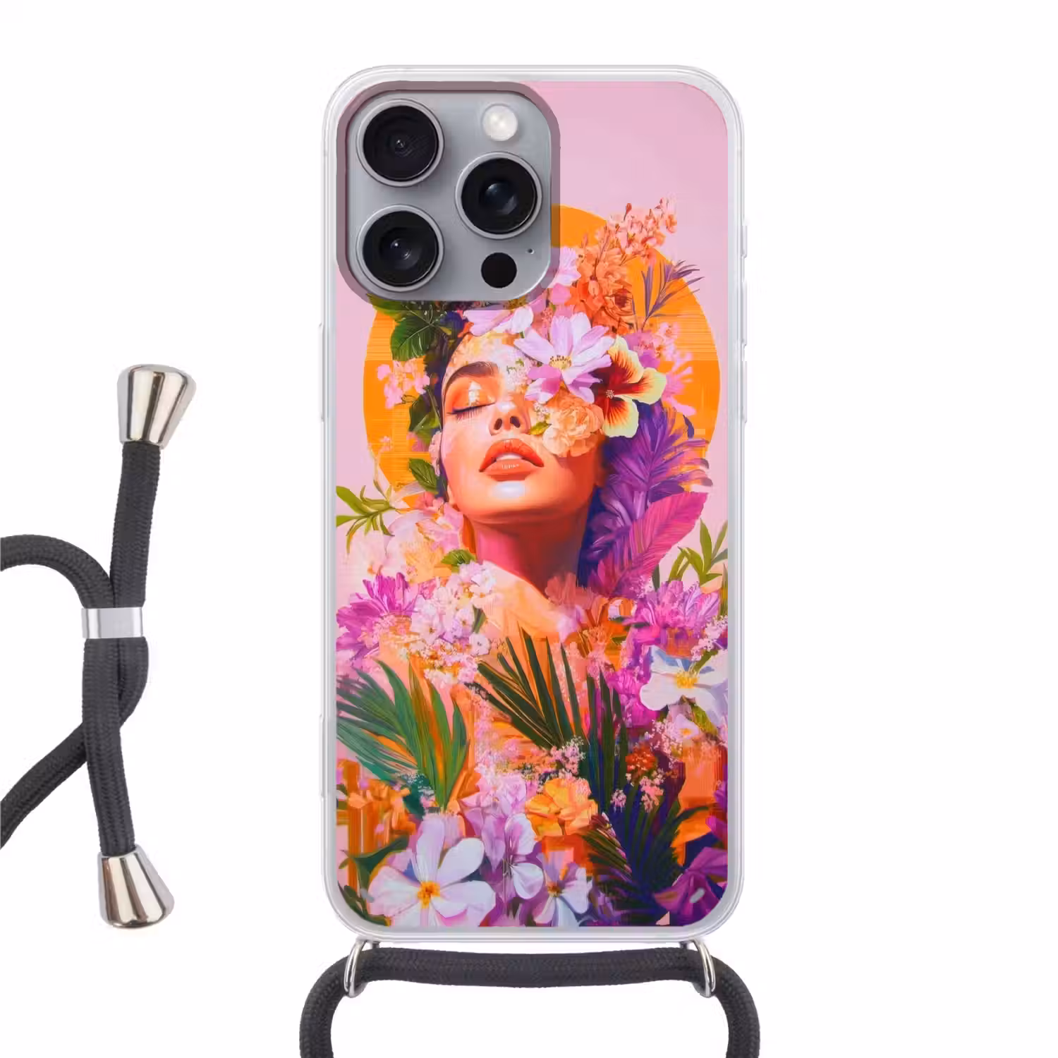 Vrouw - Abstract - Cirkel - Bloemen Hoesje iPhone 16 Pro Max met koord klein -3d
