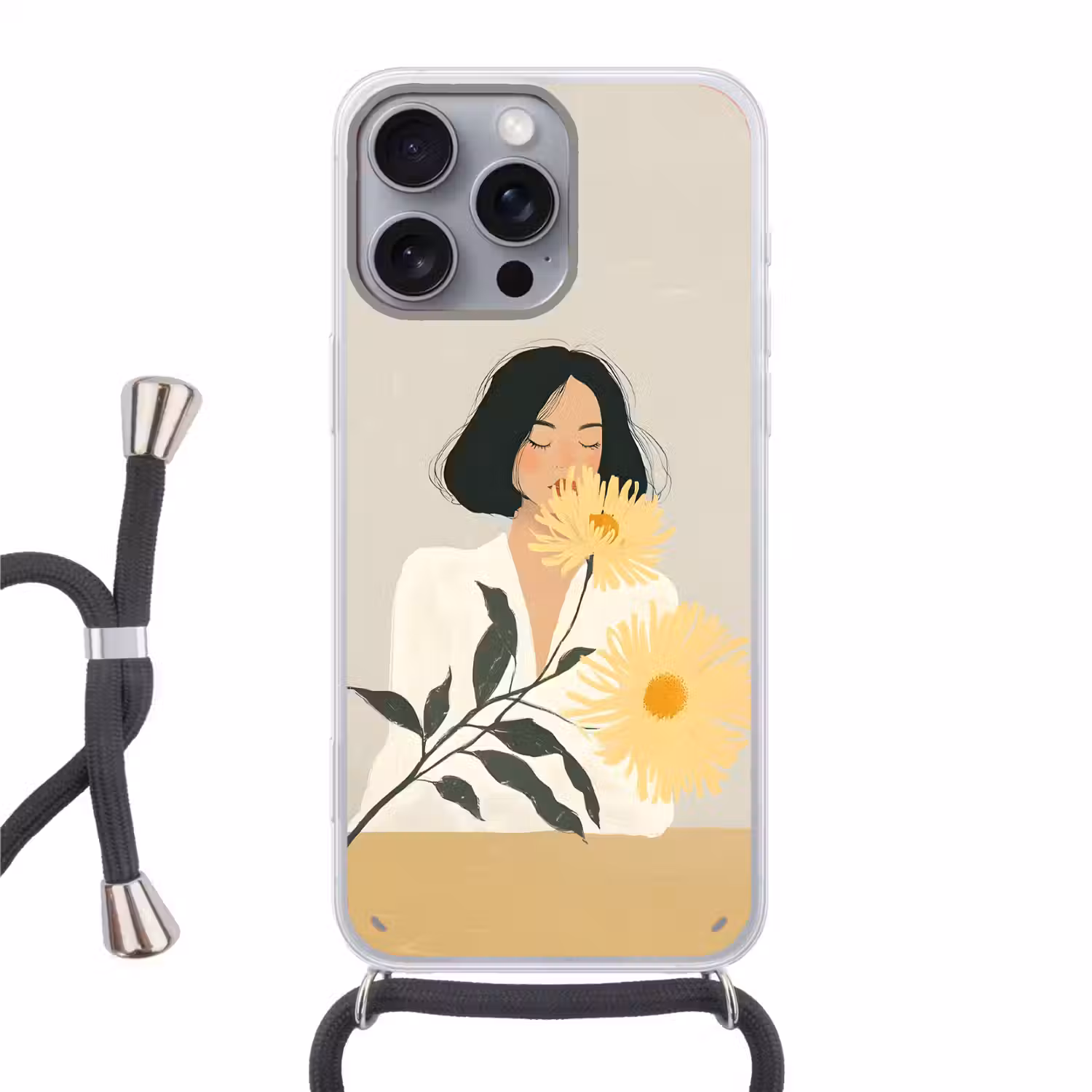 Vrouw - Bloem - Geel - Minimalistisch Hoesje iPhone 16 Pro Max met koord klein -3d