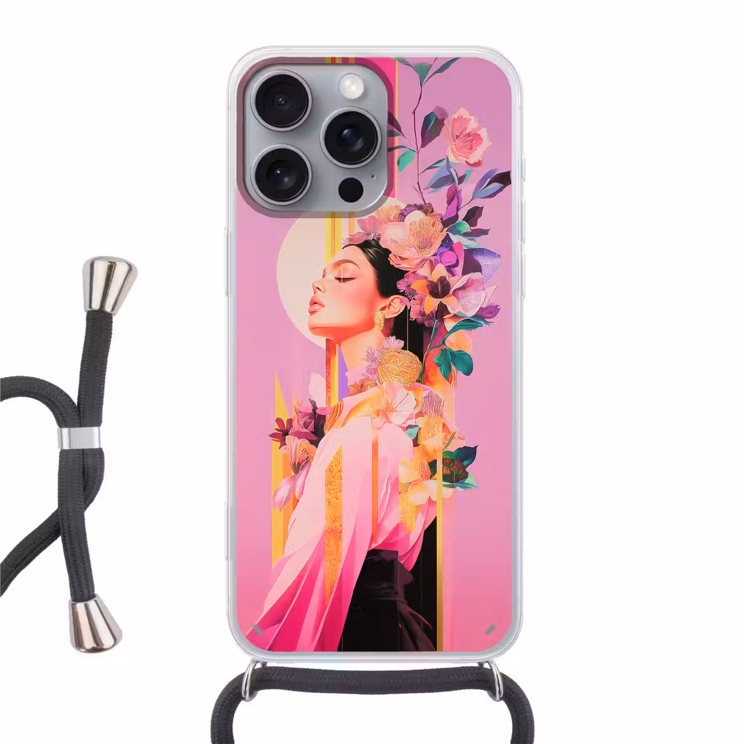Vrouw - Bloemen - Paars - Abstract Hoesje iPhone 16 Pro Max met koord klein -3d