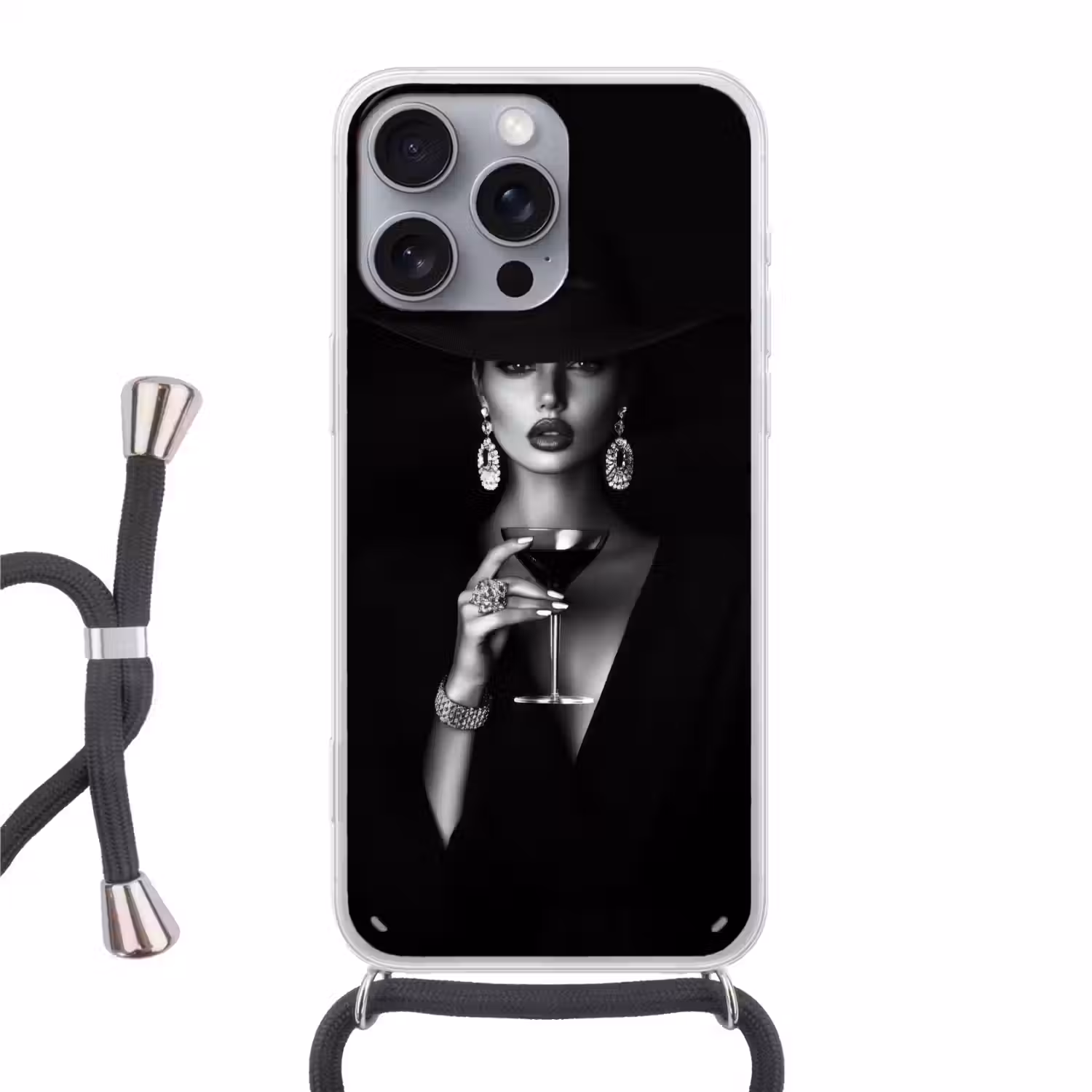 Vrouw - Cocktail - Chic Hoesje iPhone 16 Pro Max met koord klein -3d
