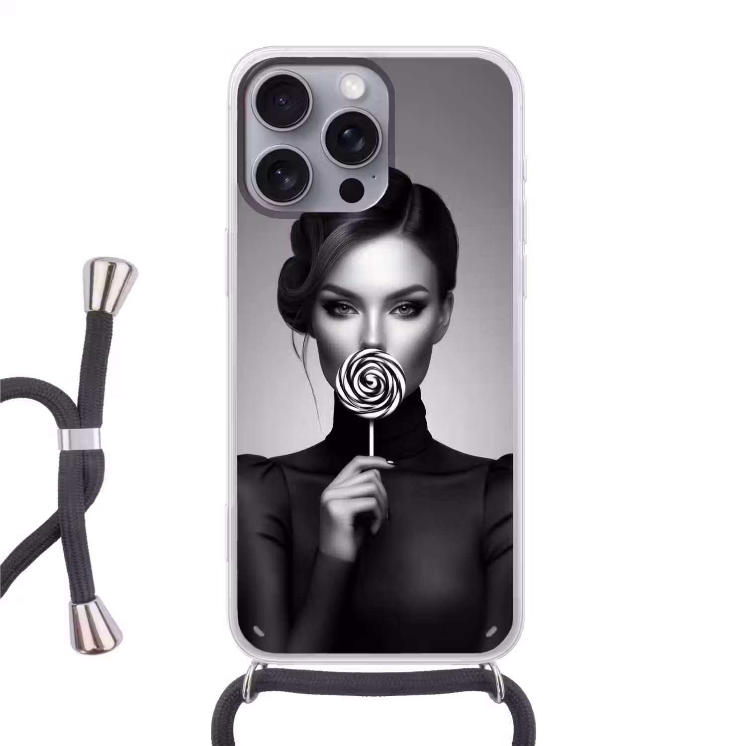 Vrouw - Lolly - Zwart Hoesje iPhone 16 Pro Max met koord klein -3d