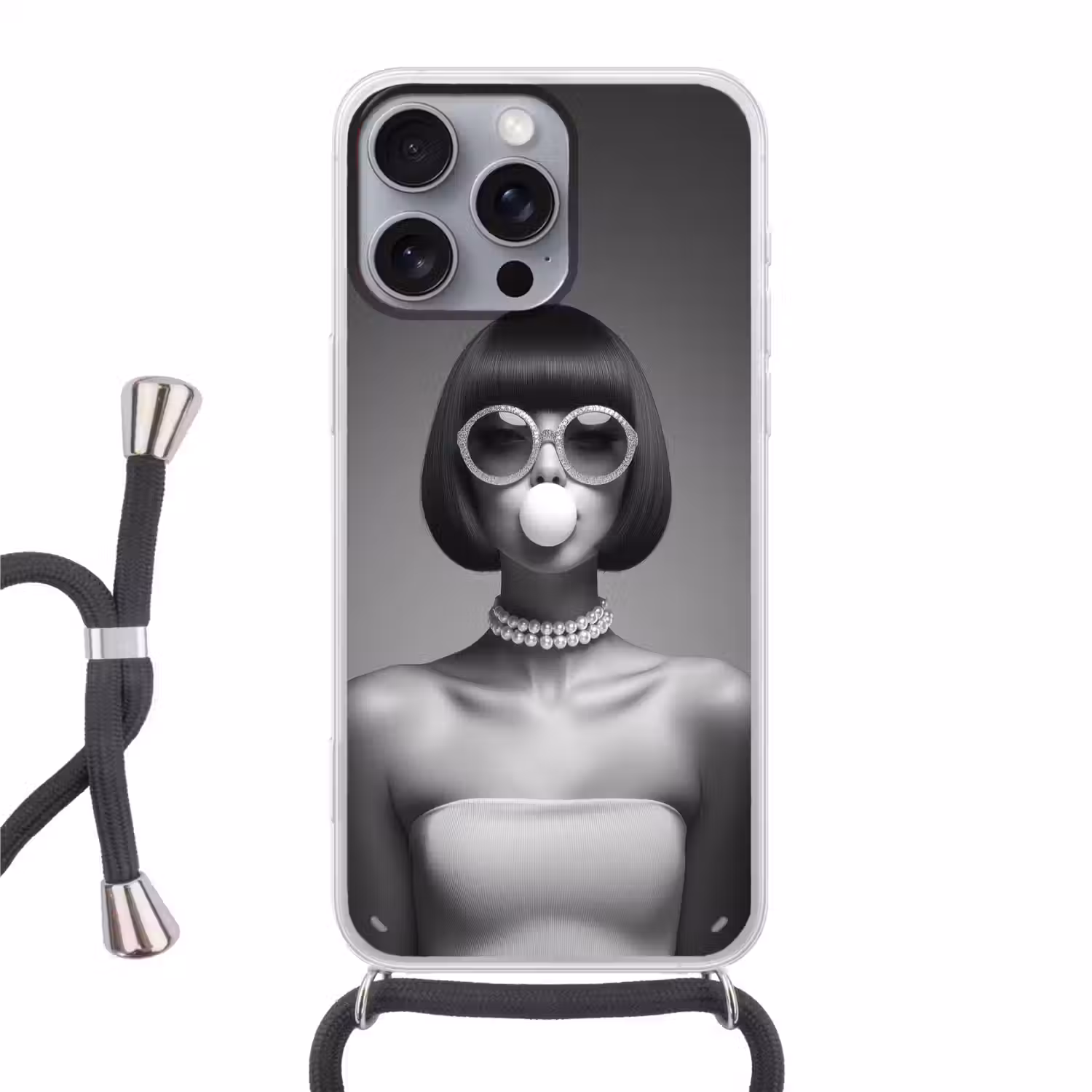 Vrouw - Zwart Wit - Ketting - Zonnebril Hoesje iPhone 16 Pro Max met koord klein -3d
