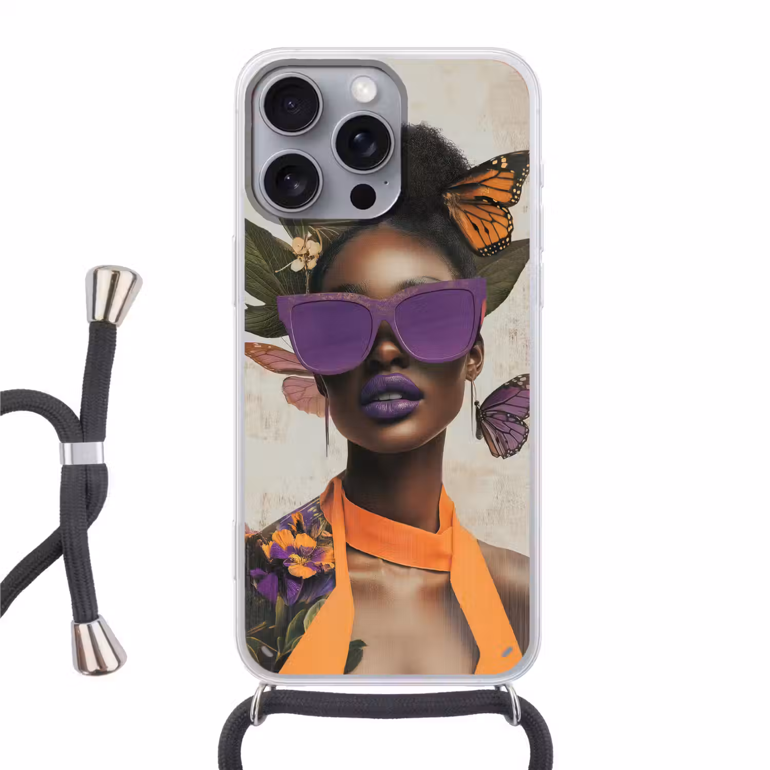 Vrouw - Zonnebril - Vlinder - Bloemen Hoesje iPhone 16 Pro Max met koord klein -3d