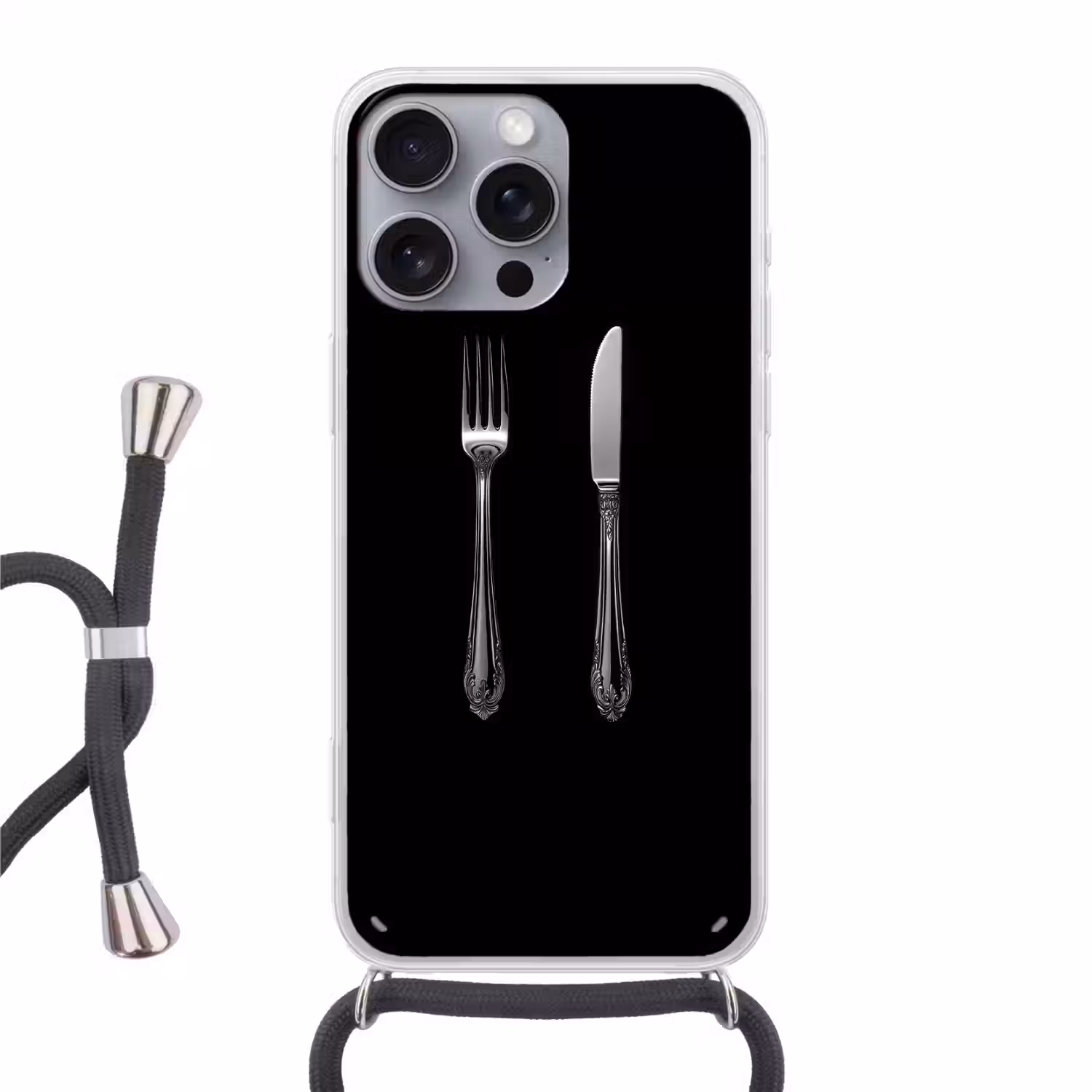 Vork - Mes - Zilver Hoesje iPhone 16 Pro Max met koord klein -3d