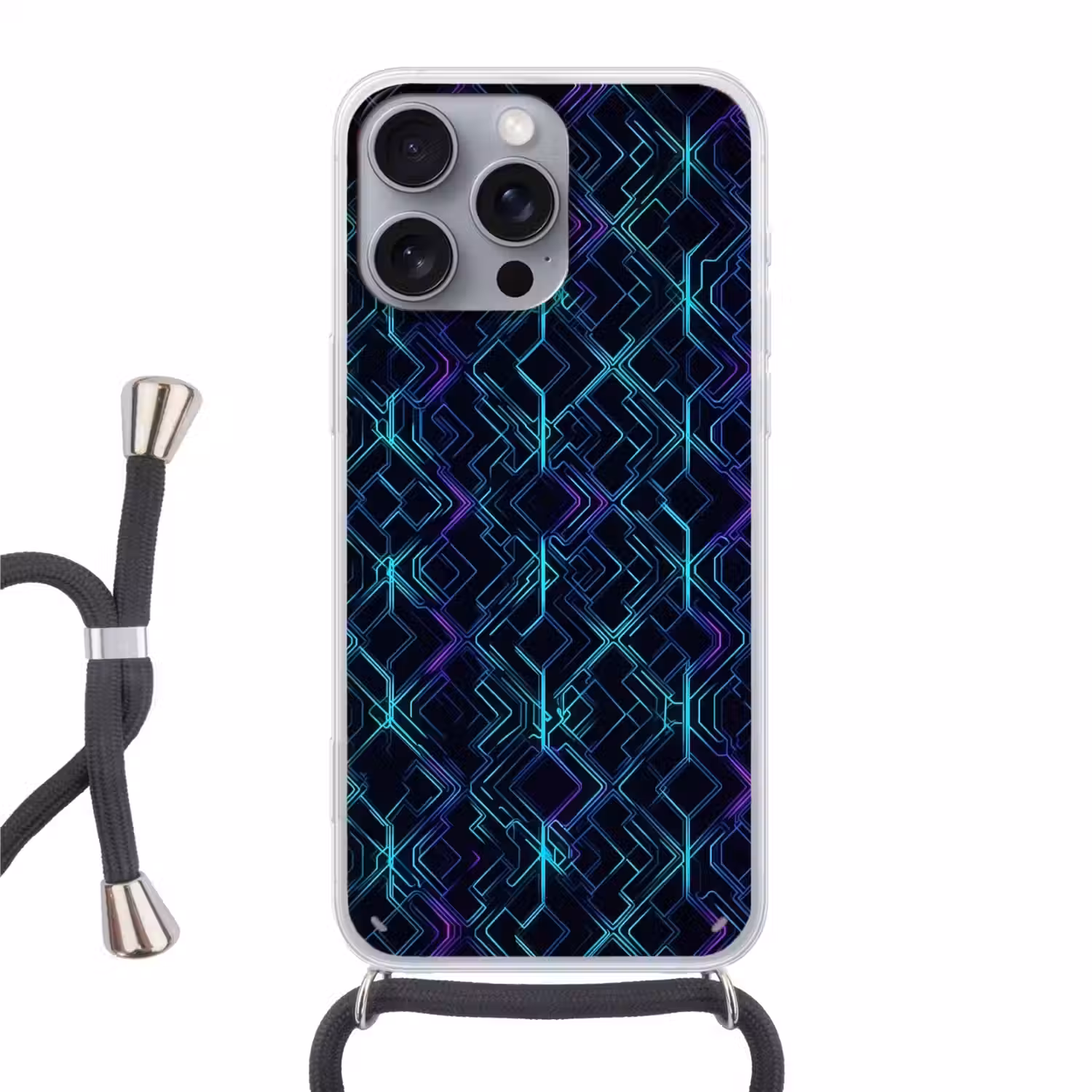 Gaming - Ruitvormen - Abstract - Neon - Paars Hoesje iPhone 16 Pro Max met koord klein -3d