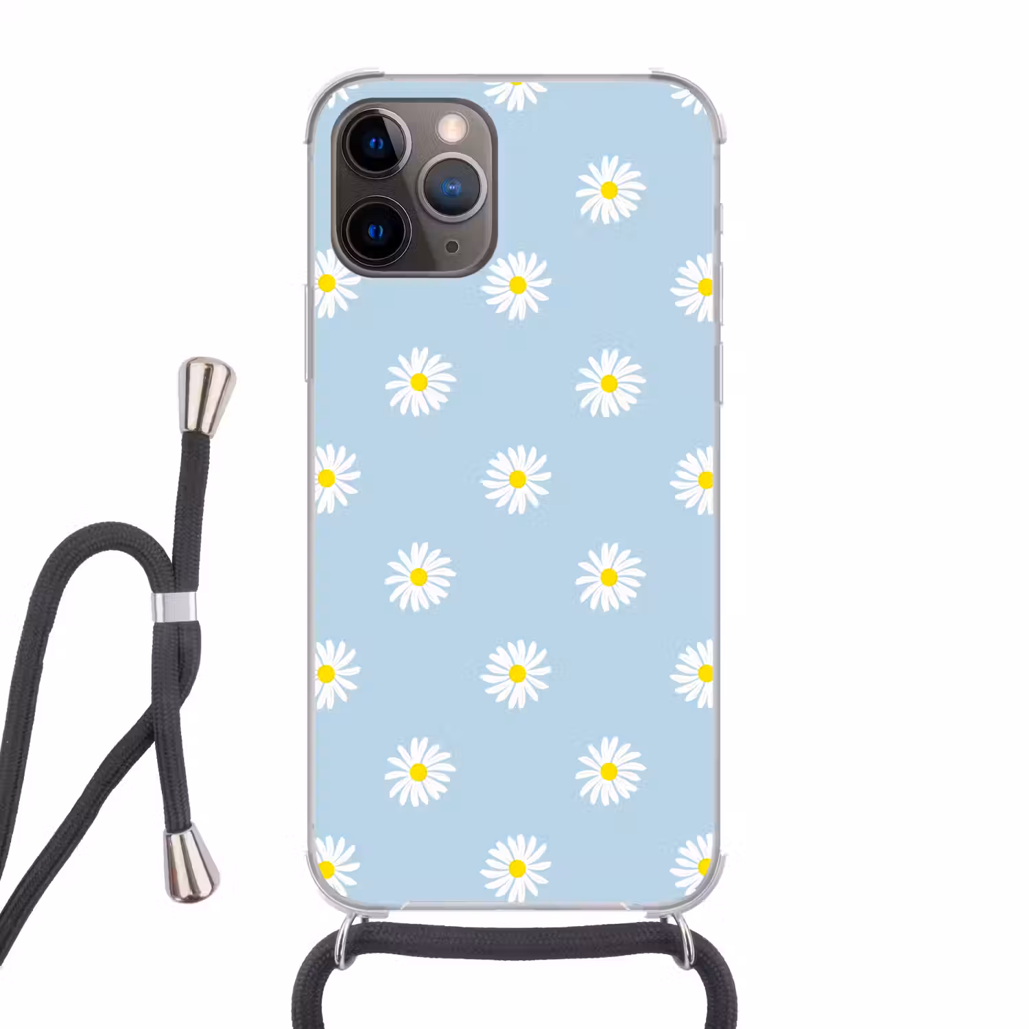 Madeliefjes - Pastel - Wit - Blauw - Bloemen Hoesje iPhone 12 Pro met koord klein -3d