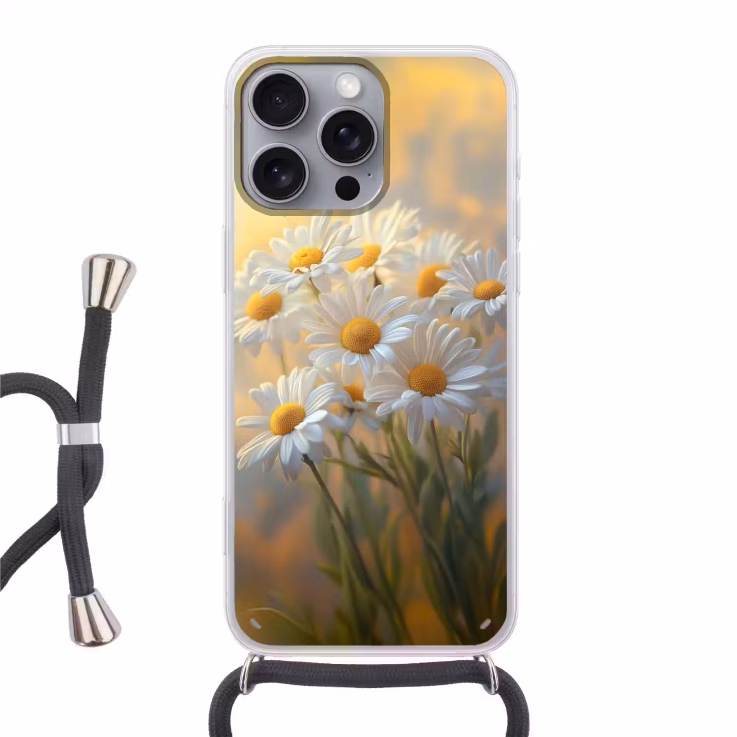 Madeliefjes - Wit - Zonlicht Hoesje iPhone 16 Pro Max met koord klein -3d