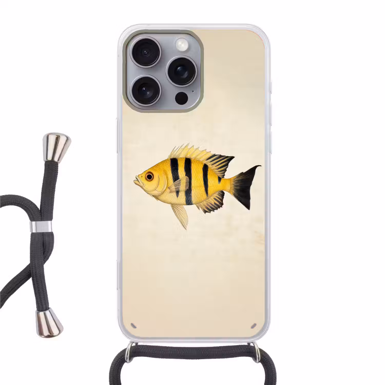 Geel - Vis - Strepen - Tropisch Hoesje iPhone 16 Pro Max met koord klein -3d