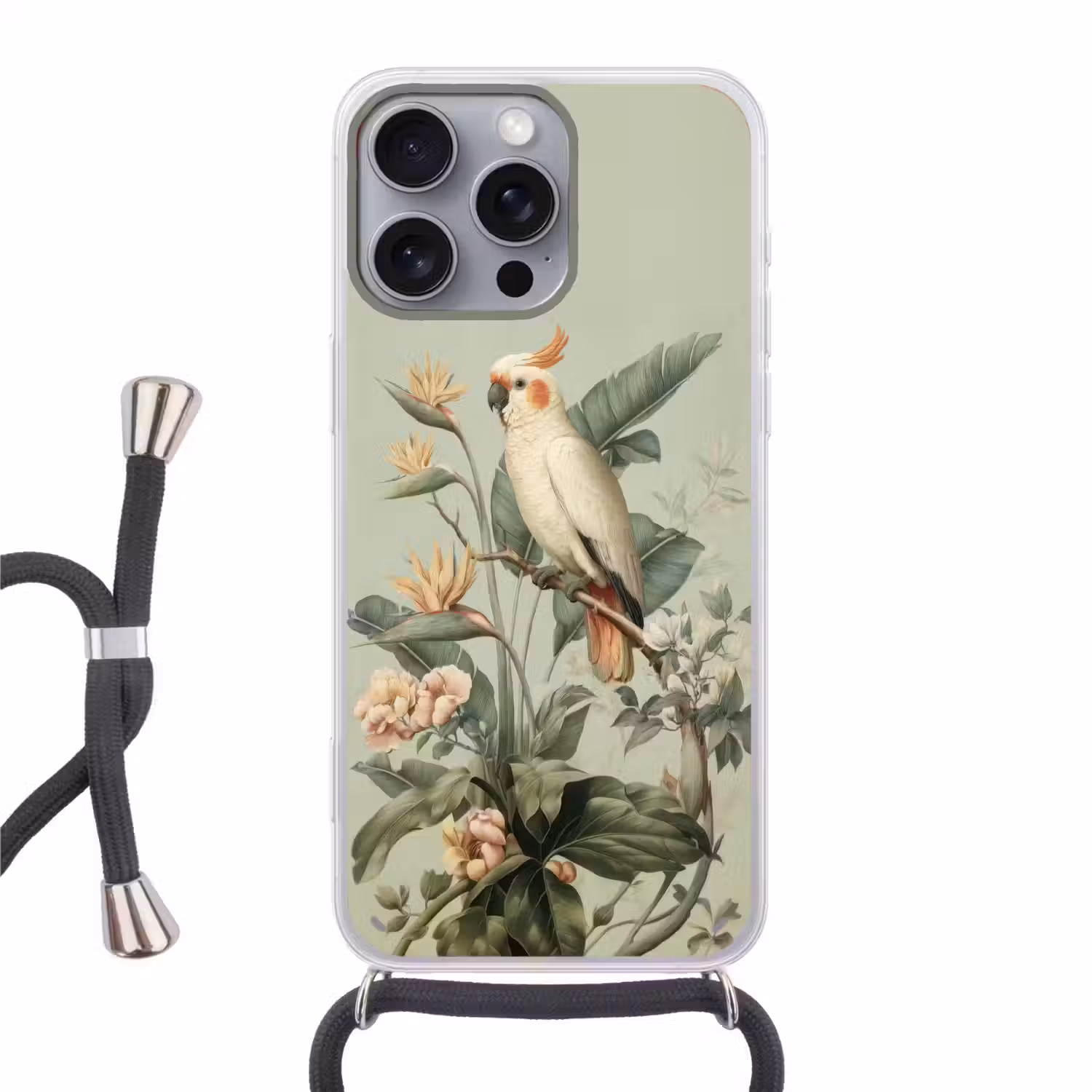 Gele kuifkaketoe - paradijsvogelbloemen - Groen Hoesje iPhone 16 Pro Max met koord klein -3d