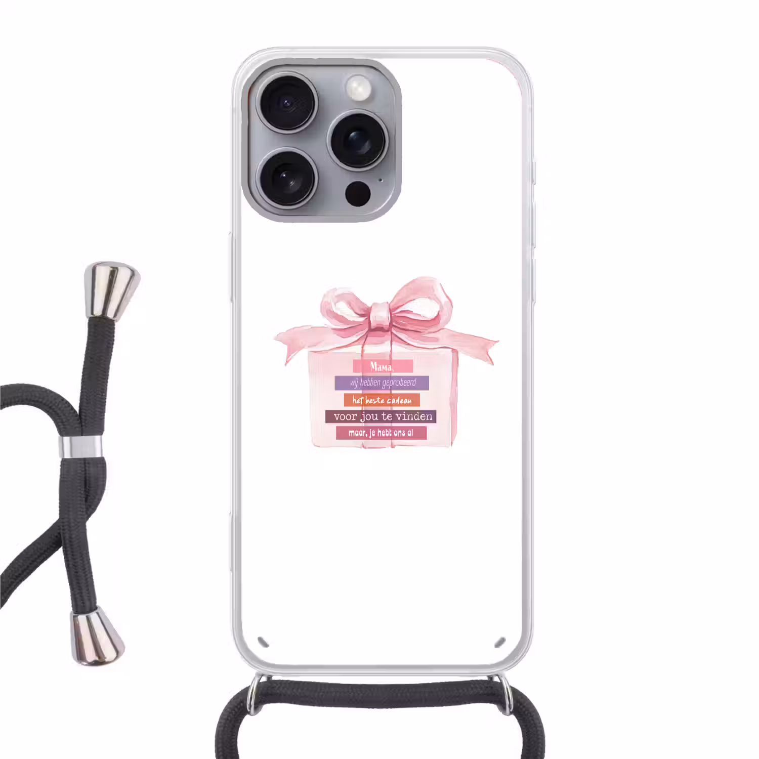 Cadeau - Strik - Tekst - Roze Hoesje iPhone 16 Pro Max met koord klein -3d