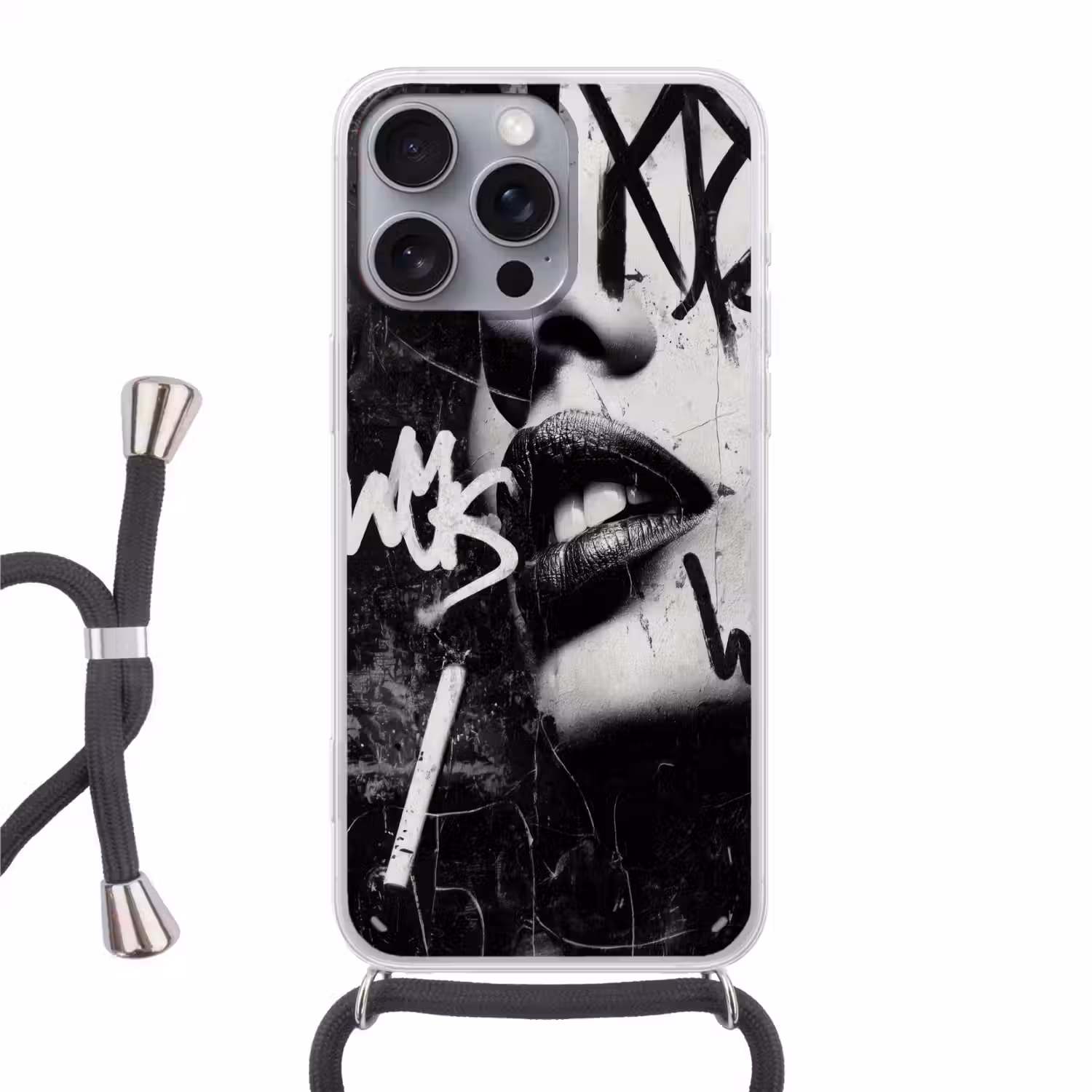 Gezicht - Mond - Graffiti - Zwart Hoesje iPhone 16 Pro Max met koord klein -3d
