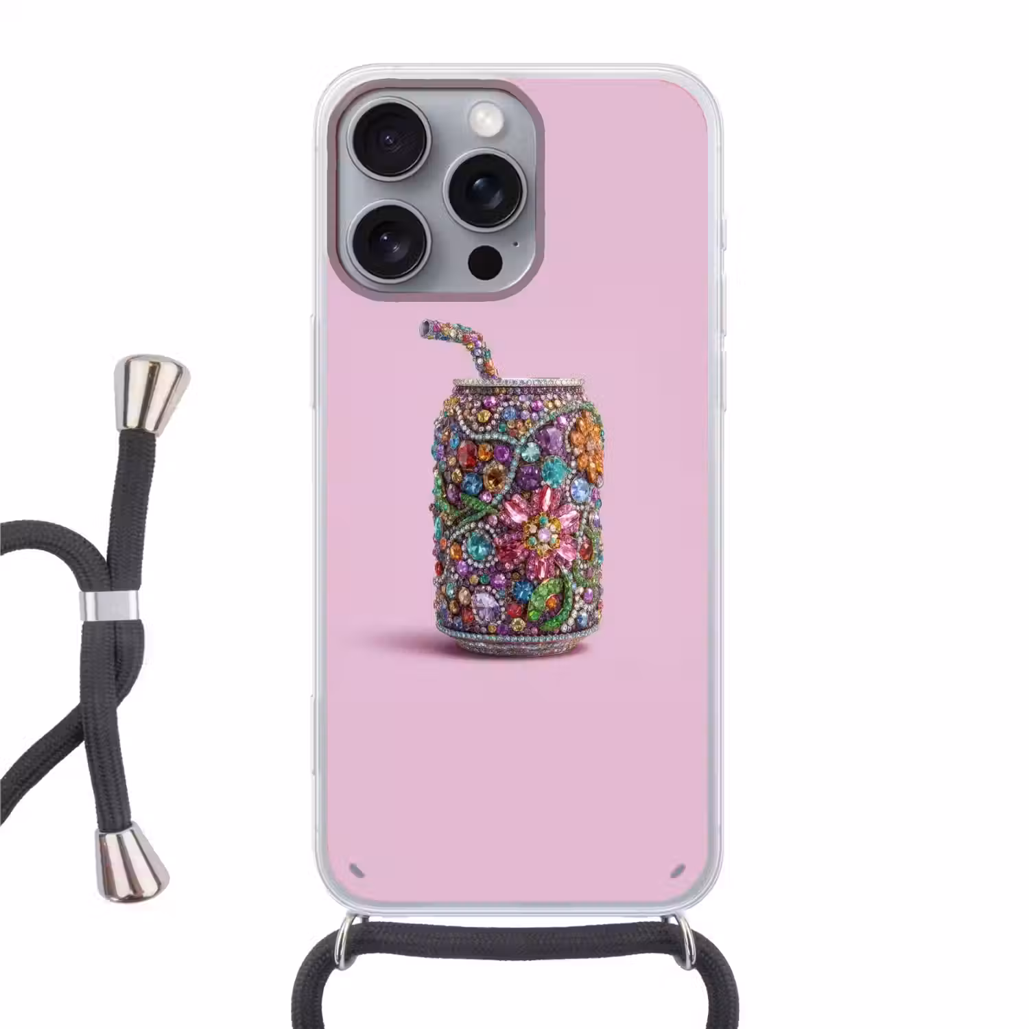 Frisdrankblikje - Bloemenpatroon - Edelstenen - Kleurrijk Hoesje iPhone 16 Pro Max met koord klein -3d