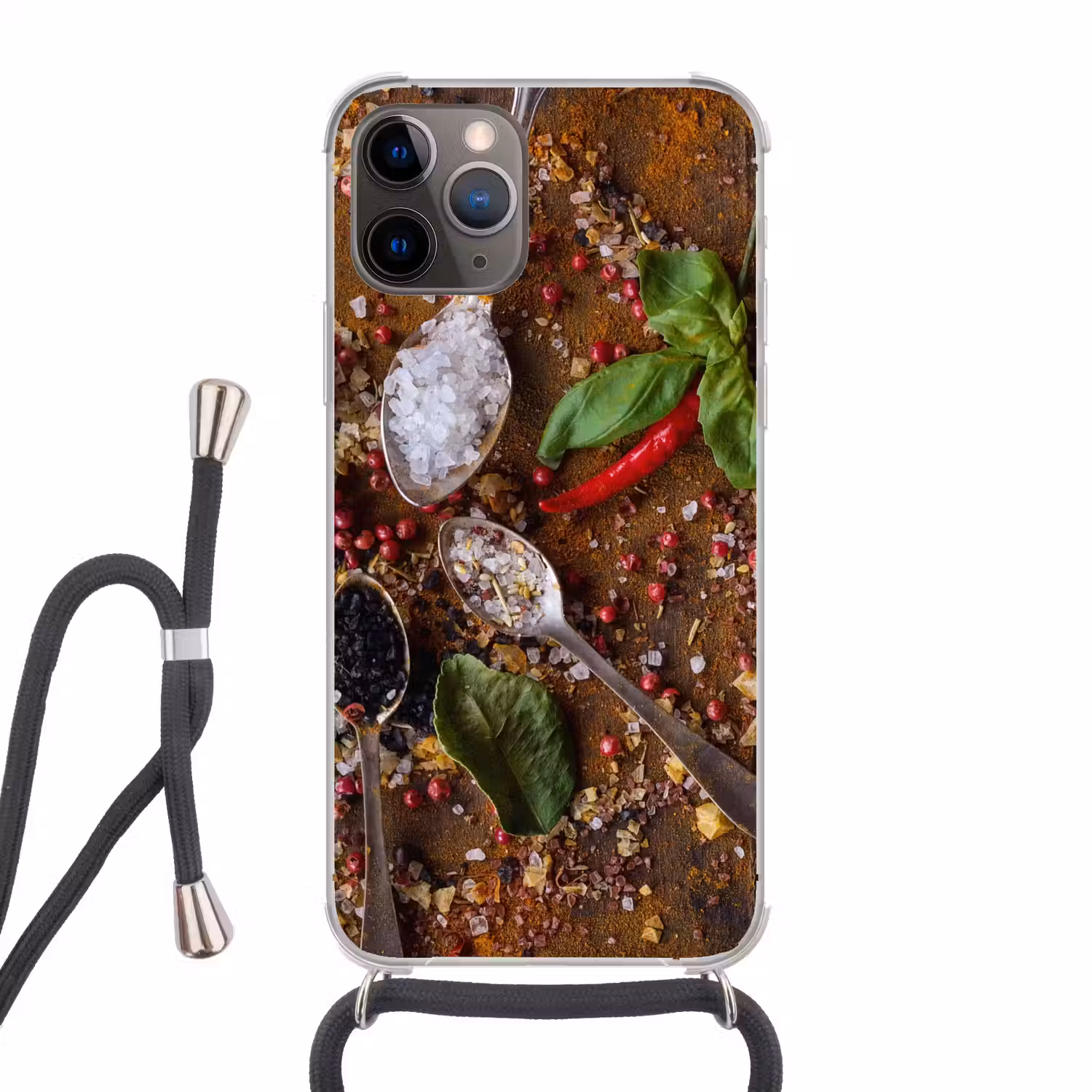 Specerijen - Kruiden - Lepels - Zout - Bruin - Keuken Hoesje iPhone 12 Pro met koord klein -3d