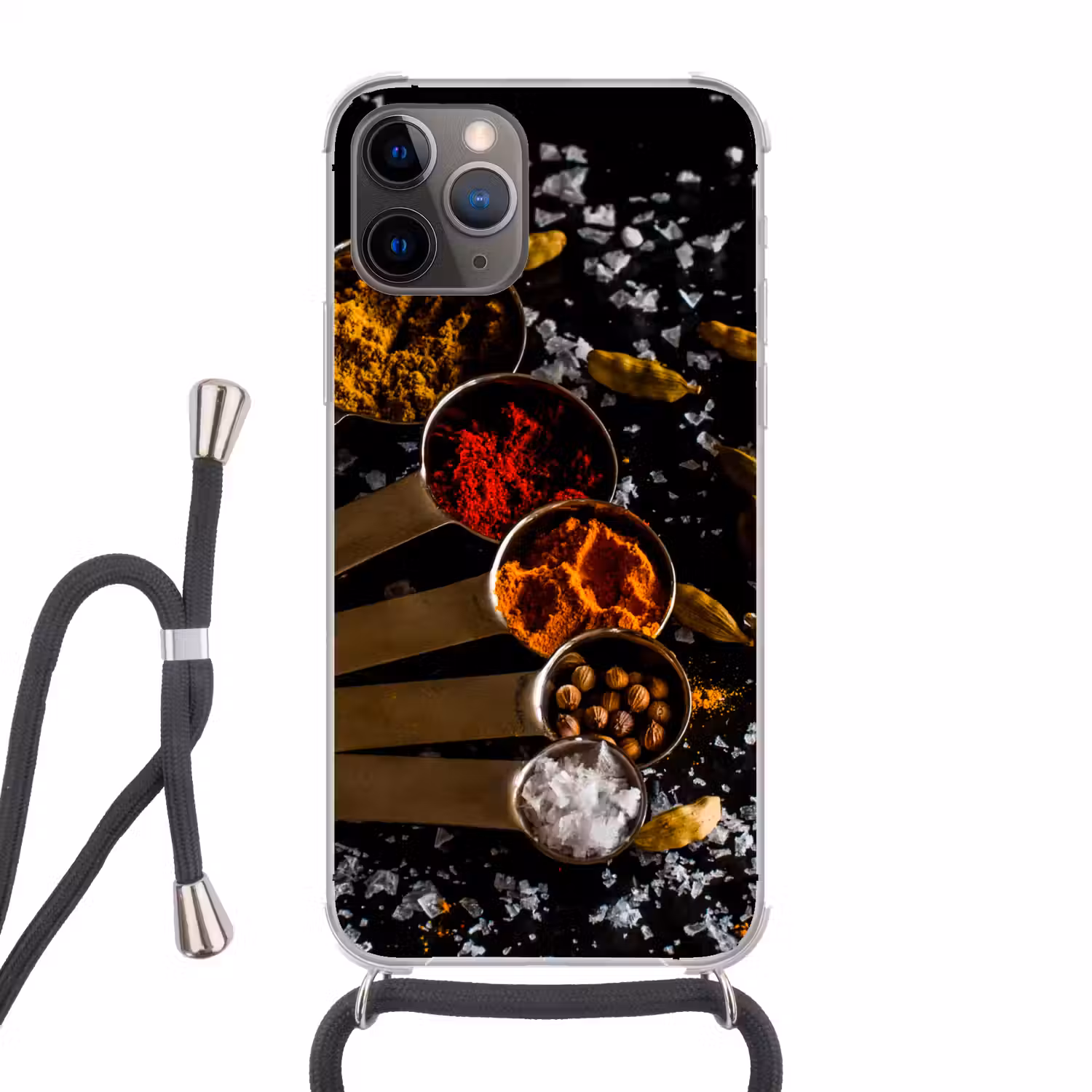Kruiden - Lepels - Zout - Specerijen - Zwart Hoesje iPhone 12 Pro met koord klein -3d