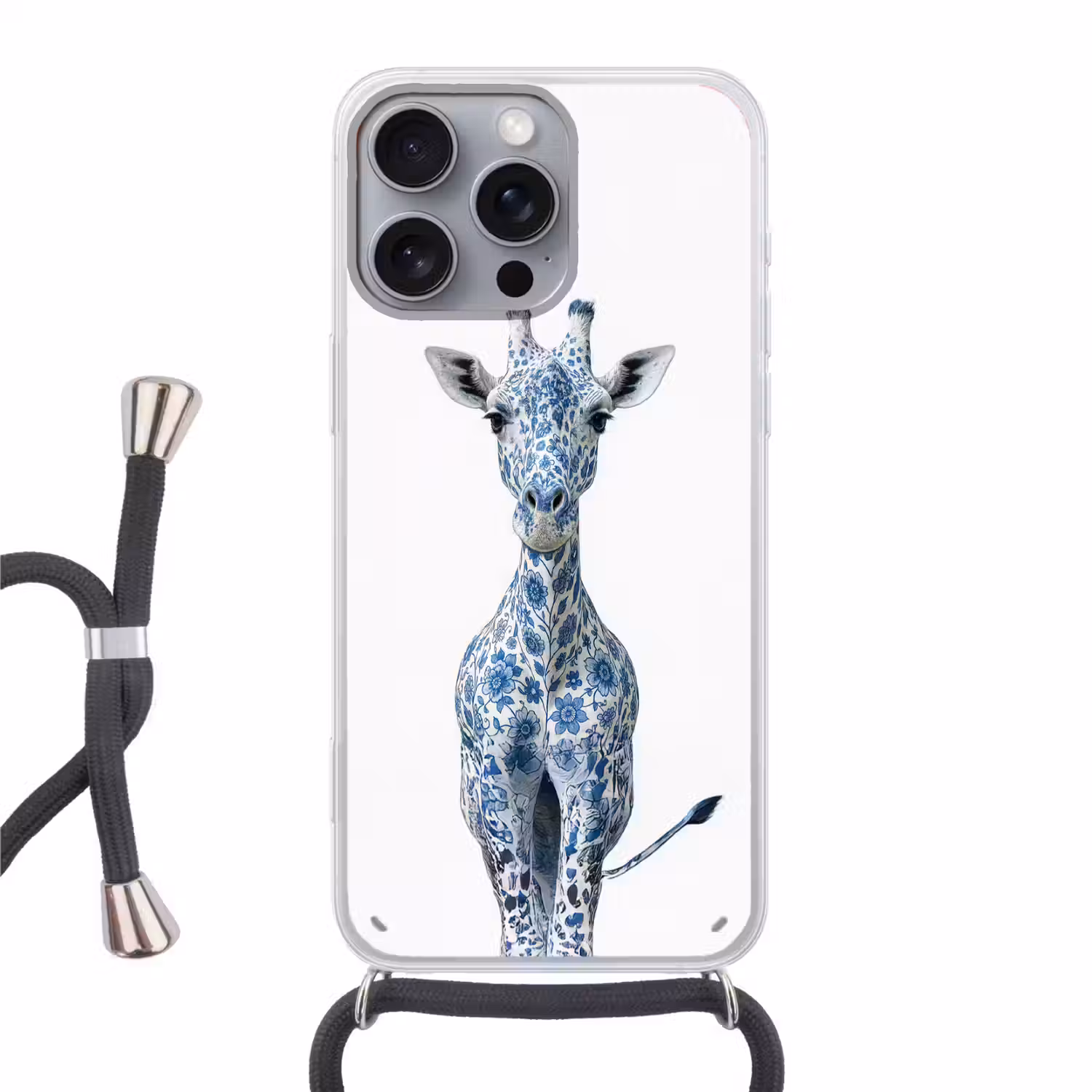 Giraffe - Delfts blauw - Dieren - Minimalistisch Hoesje iPhone 16 Pro Max met koord klein -3d