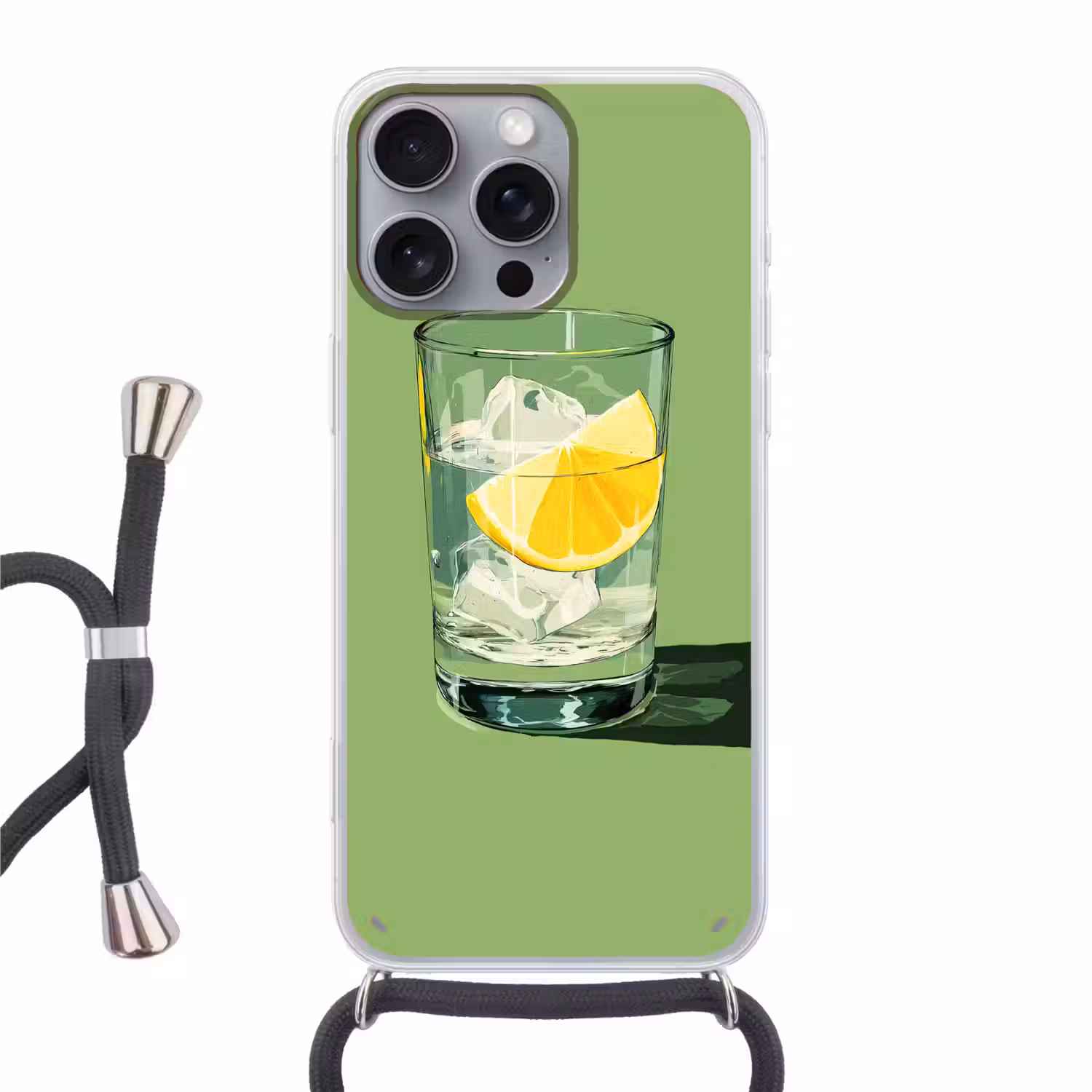 Glas - Citroen - Ijsblokjes - Groen Hoesje iPhone 16 Pro Max met koord klein -3d