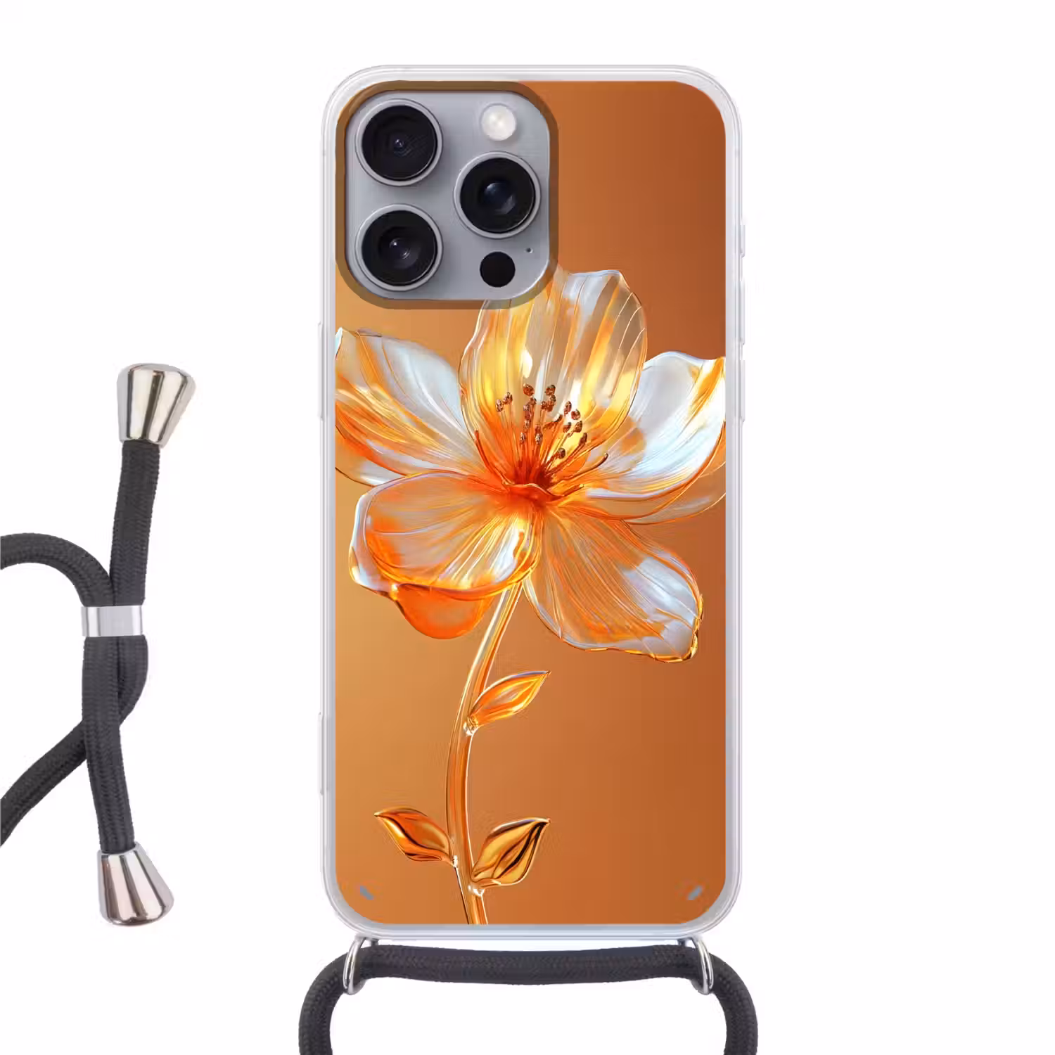 Glazen - Bloem - Oranje Hoesje iPhone 16 Pro Max met koord klein -3d