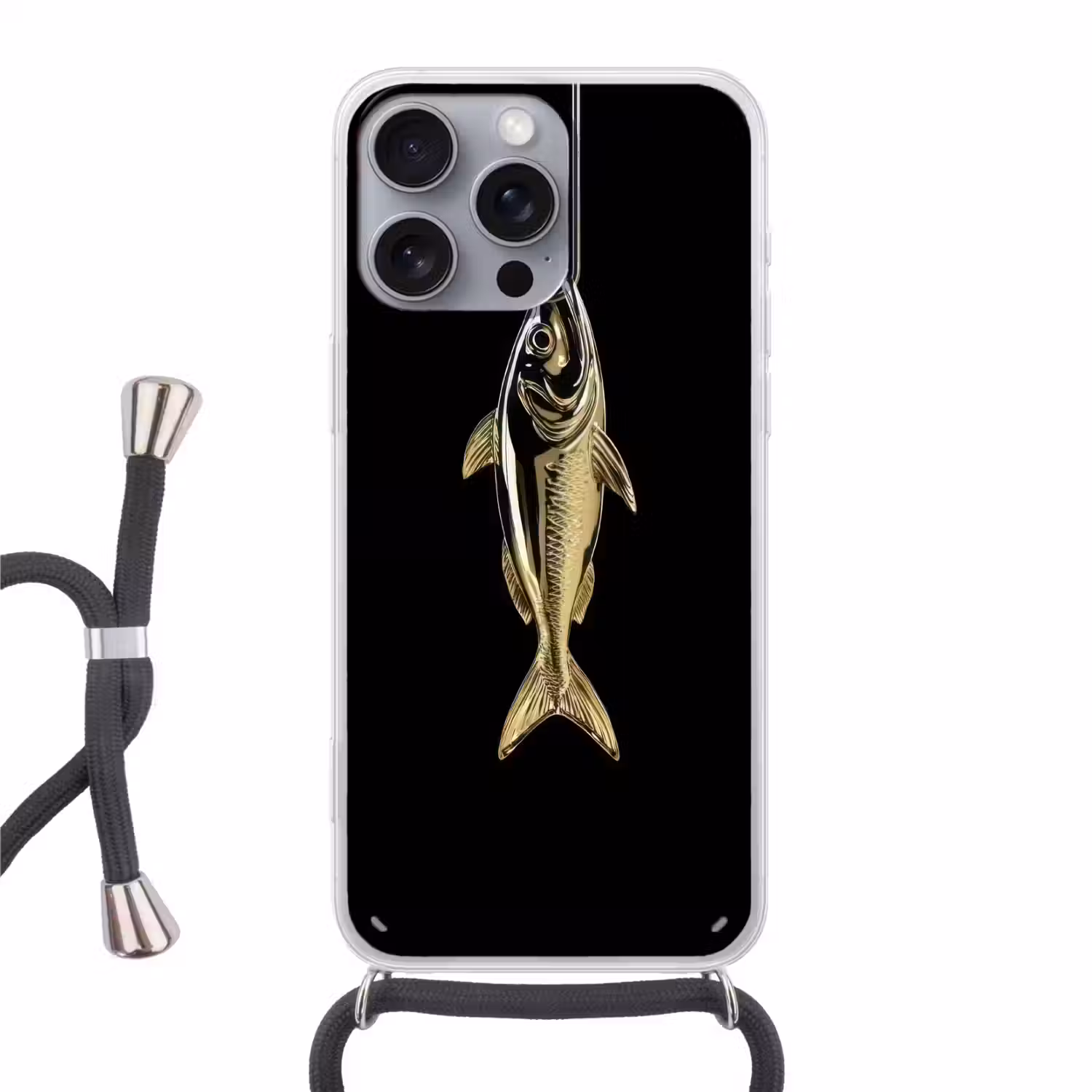 Goud - Vis - Haak - Zwart Hoesje iPhone 16 Pro Max met koord klein -3d