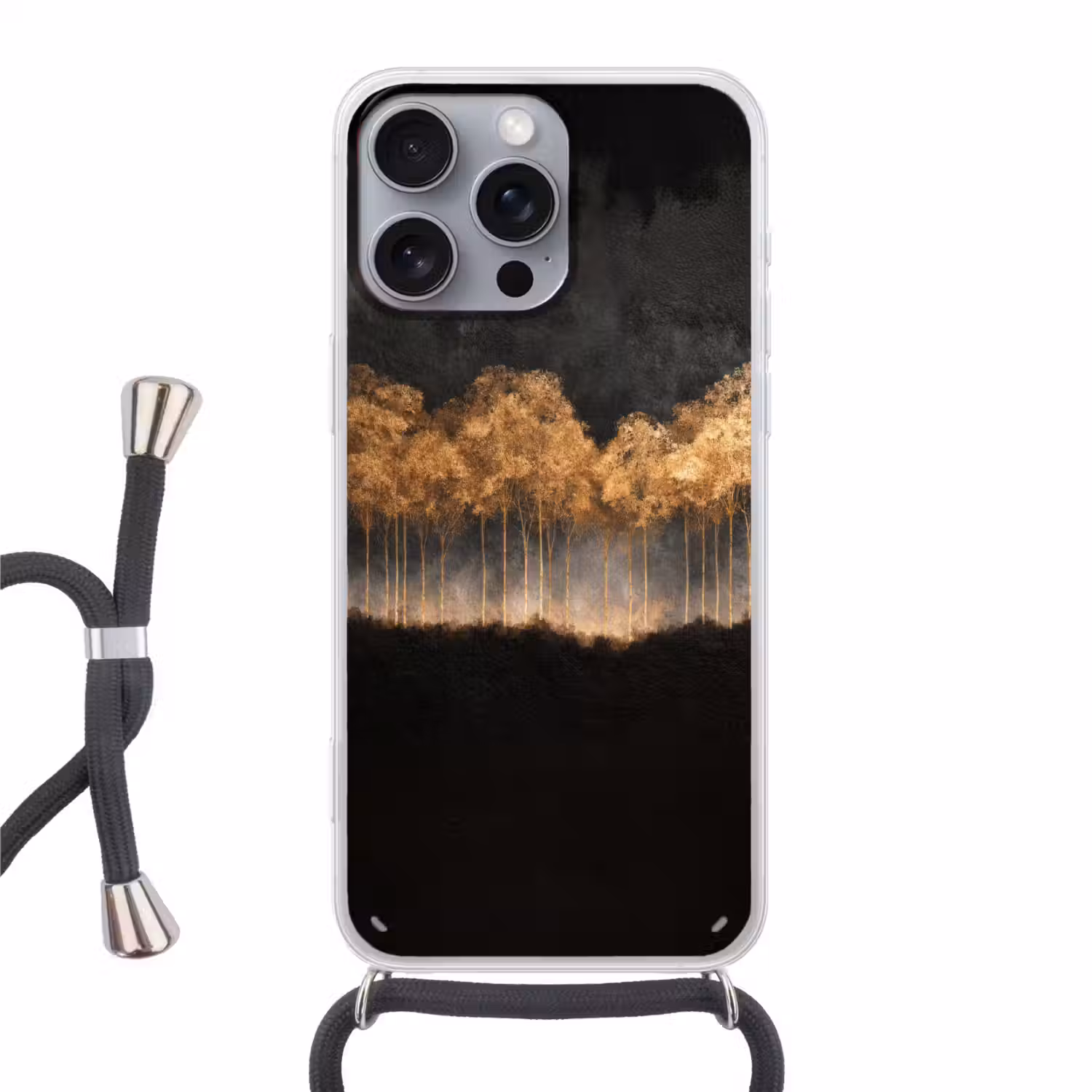 Gouden Bomen in Mistig Landschap Hoesje iPhone 16 Pro Max met koord klein -3d