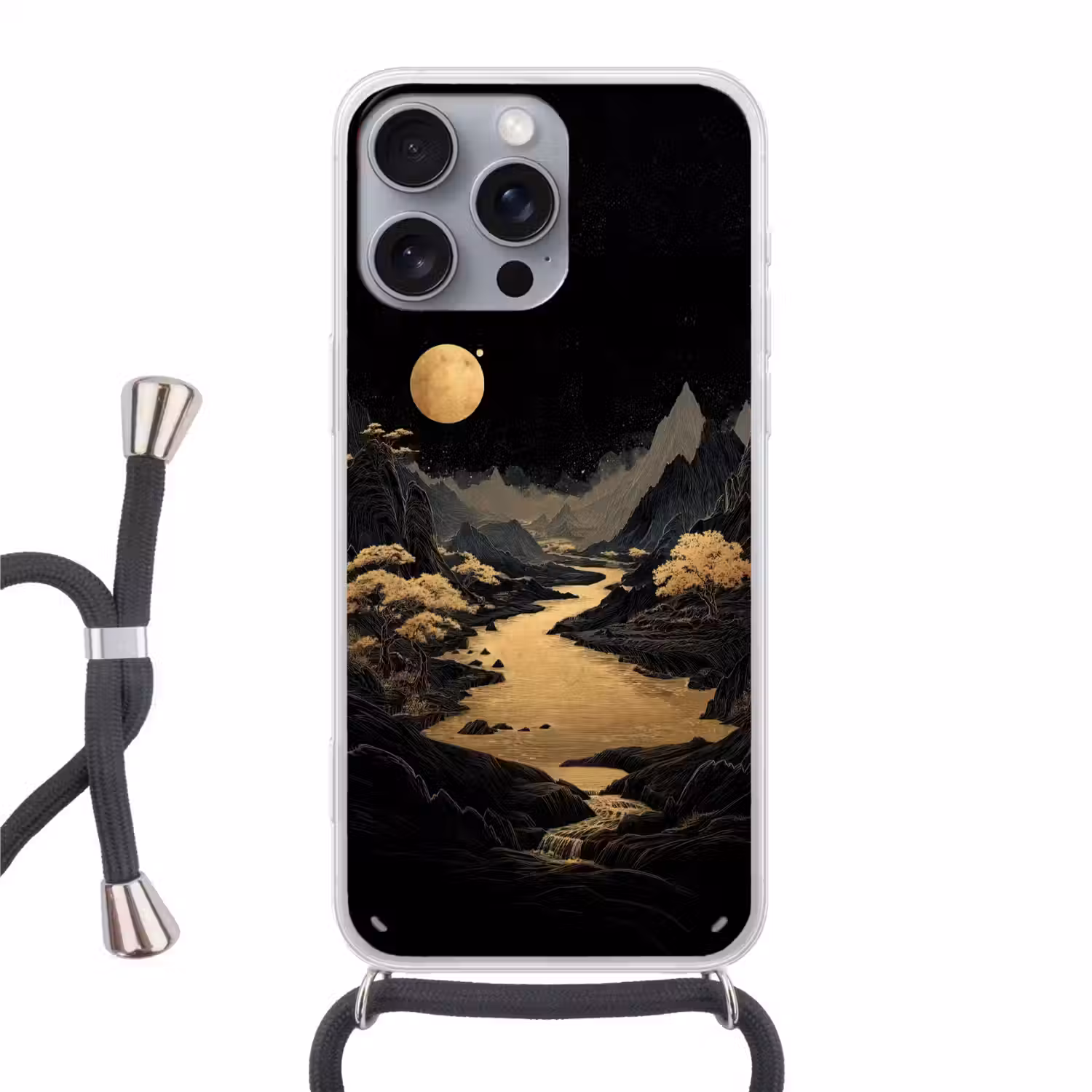 Gouden rivier - Bergen - Maan - Sterrenhemel Hoesje iPhone 16 Pro Max met koord klein -3d