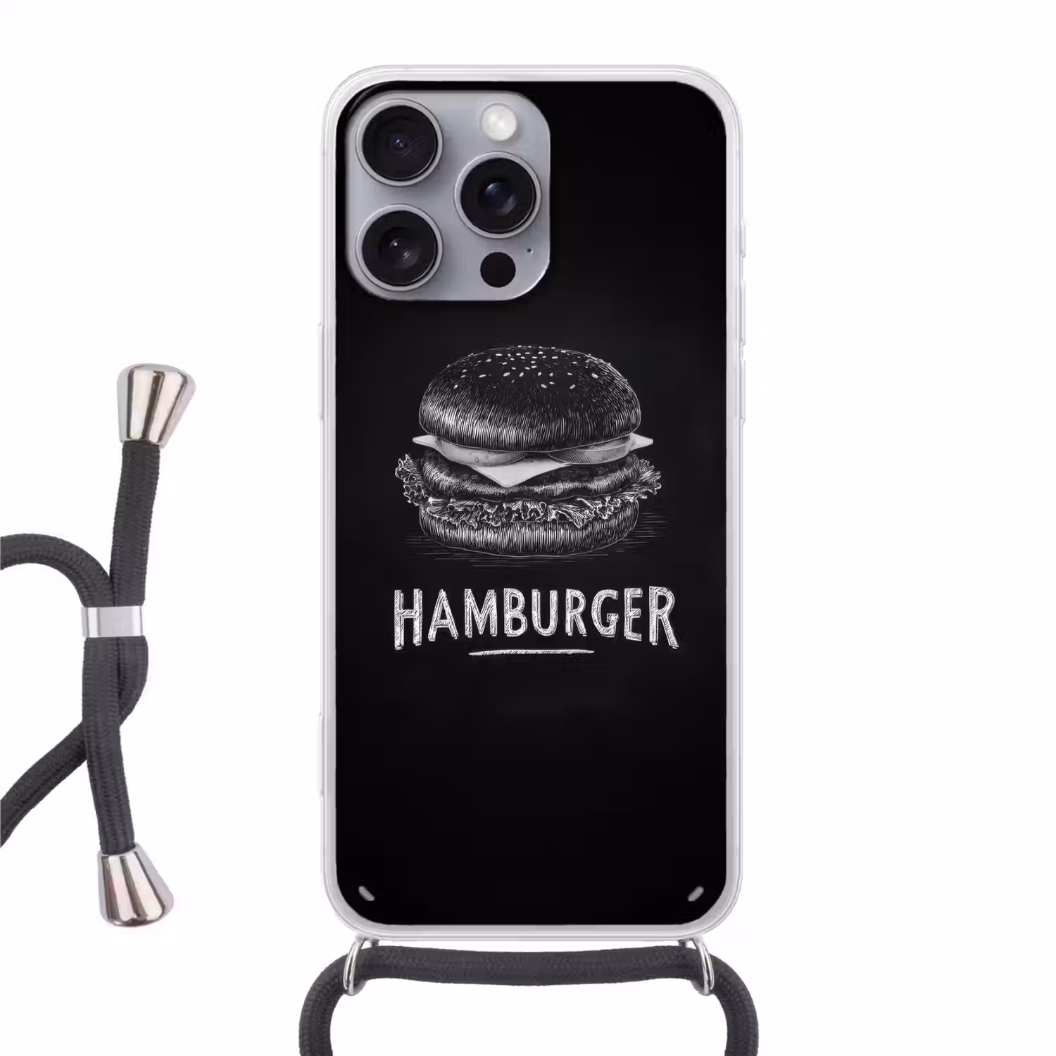 Hamburger - Krijttekst - Zwart - Wit Hoesje iPhone 16 Pro Max met koord klein -3d