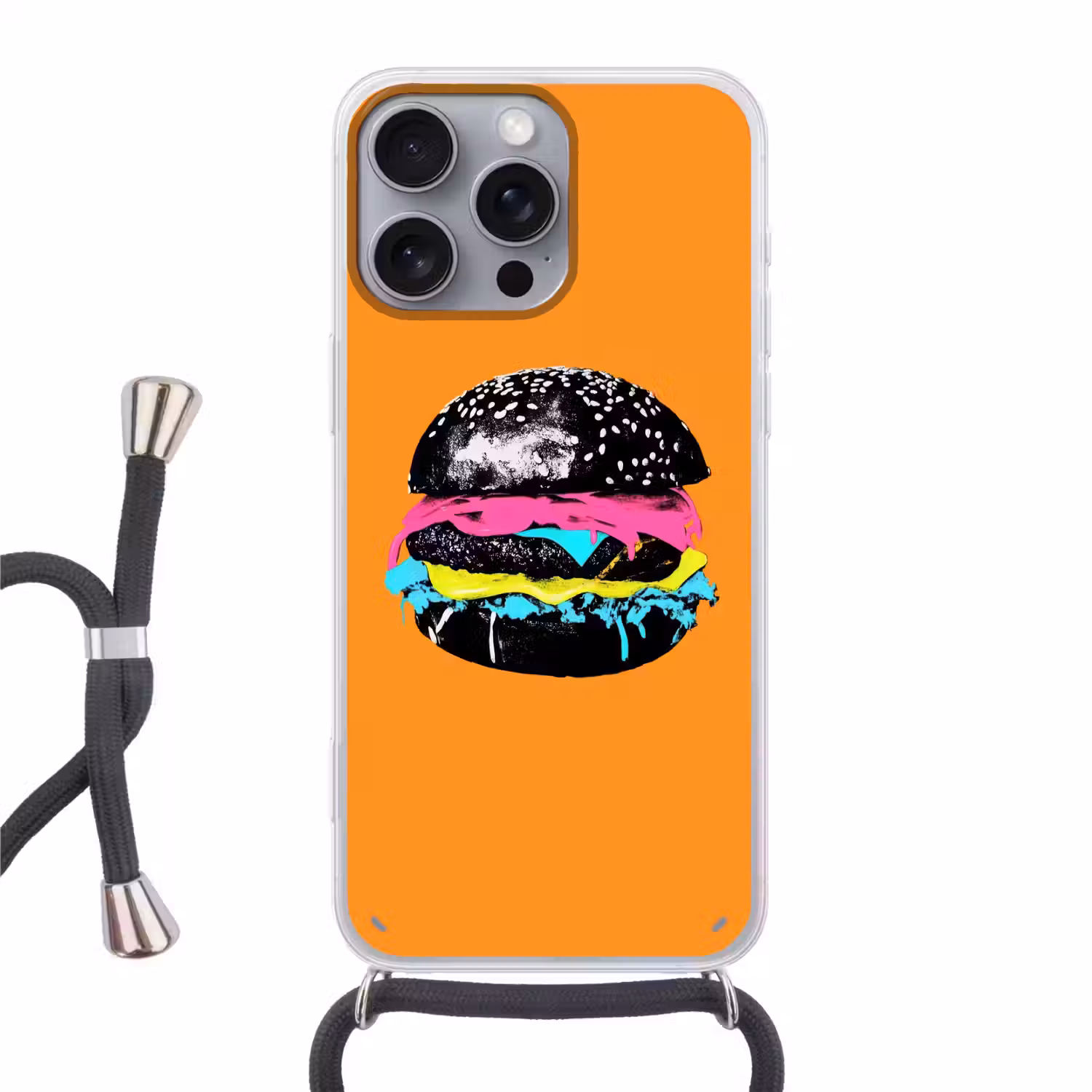 Hamburger - Oranje - Neon - popart Hoesje iPhone 16 Pro Max met koord klein -3d