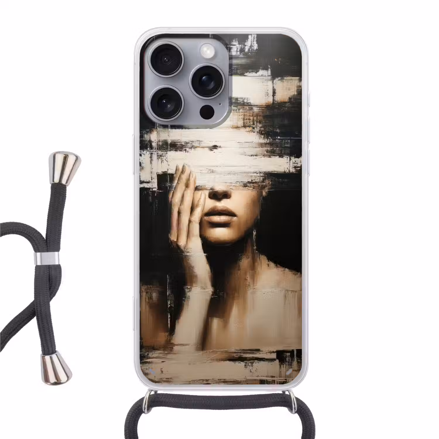 Hand - Gezicht - Strepen - Abstract Hoesje iPhone 16 Pro Max met koord klein -3d