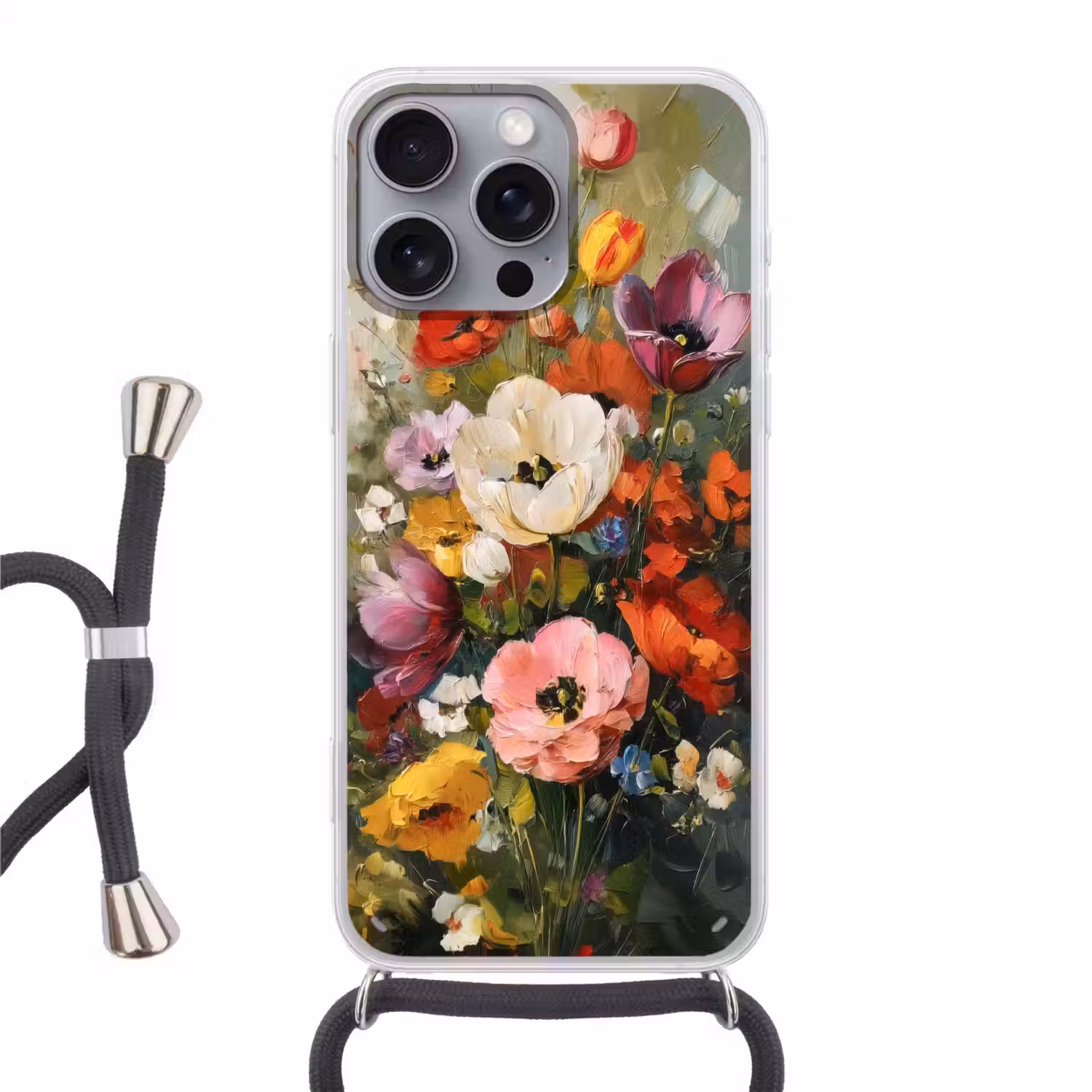 Vrolijk boeket - Dynamisch - Subtiele kleurspatten Hoesje iPhone 16 Pro Max met koord klein -3d