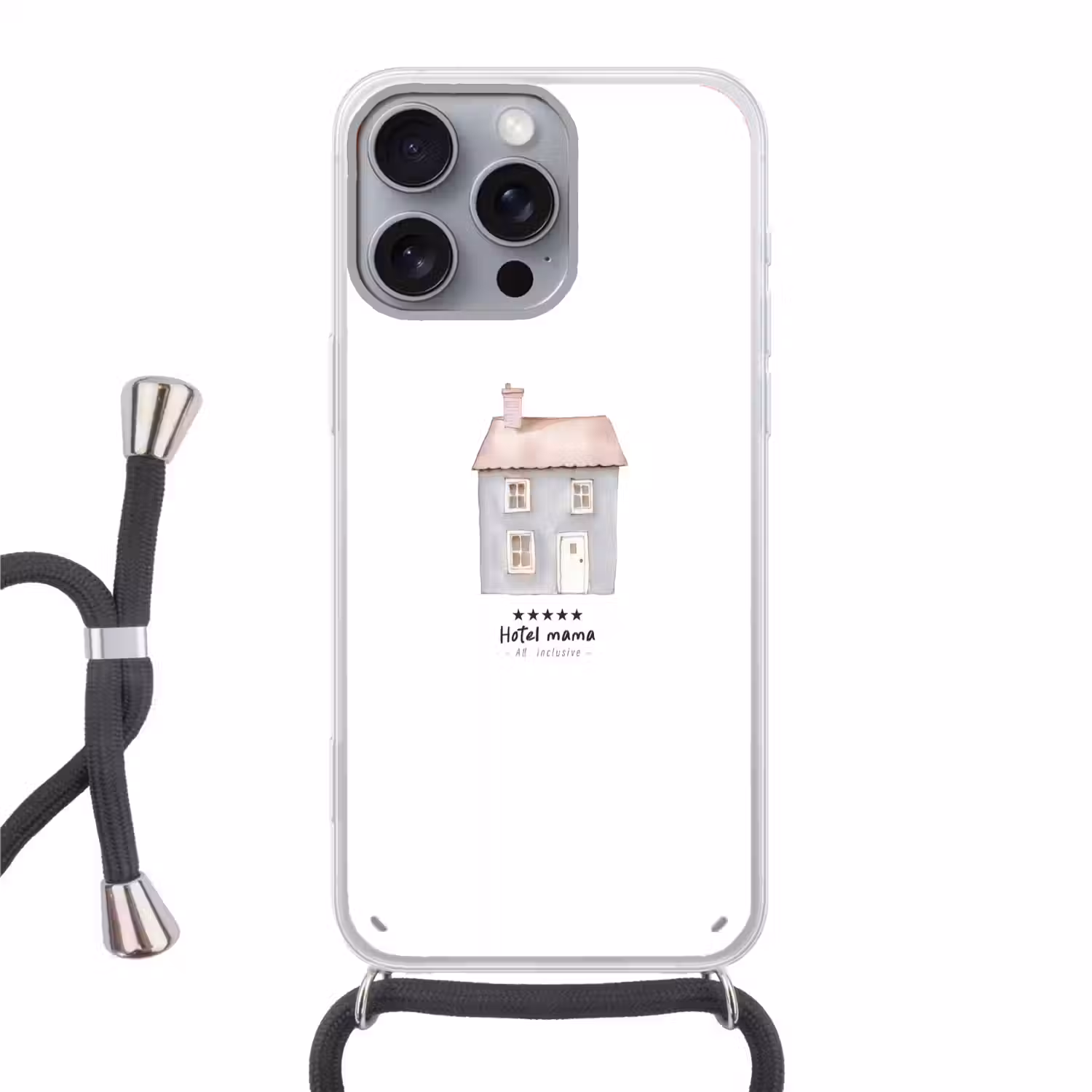 Lichtblauw - Huisje - Mama - Tekst Hoesje iPhone 16 Pro Max met koord klein -3d