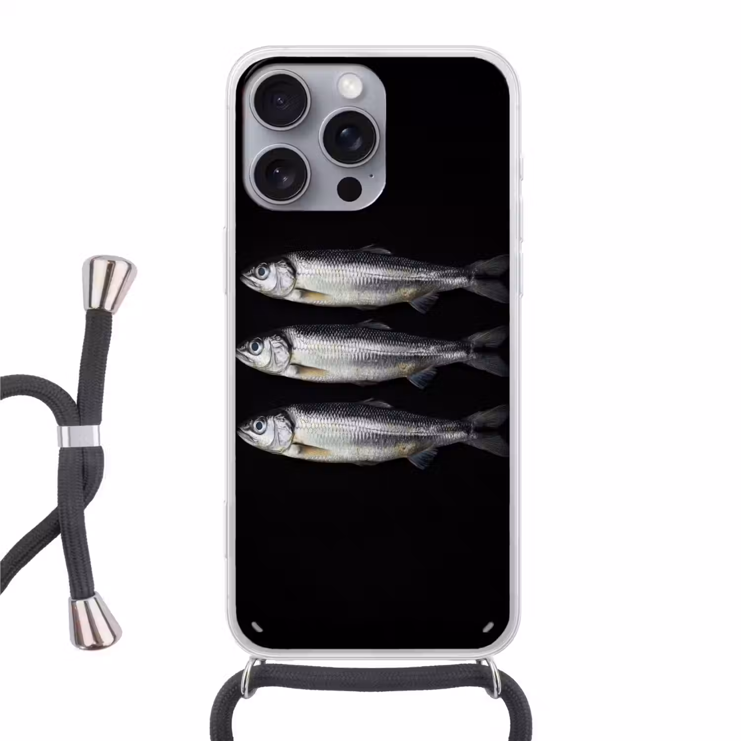 Haring - Vissen - Zwart Hoesje iPhone 16 Pro Max met koord klein -3d