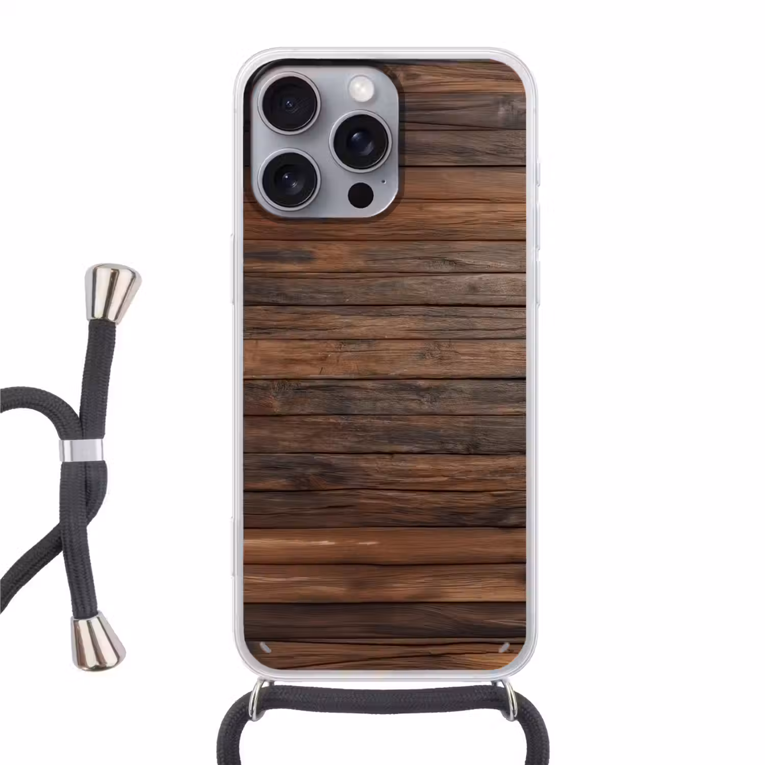Houten plankpatroon - Warmte - Natuurlijk Hoesje iPhone 16 Pro Max met koord klein -3d