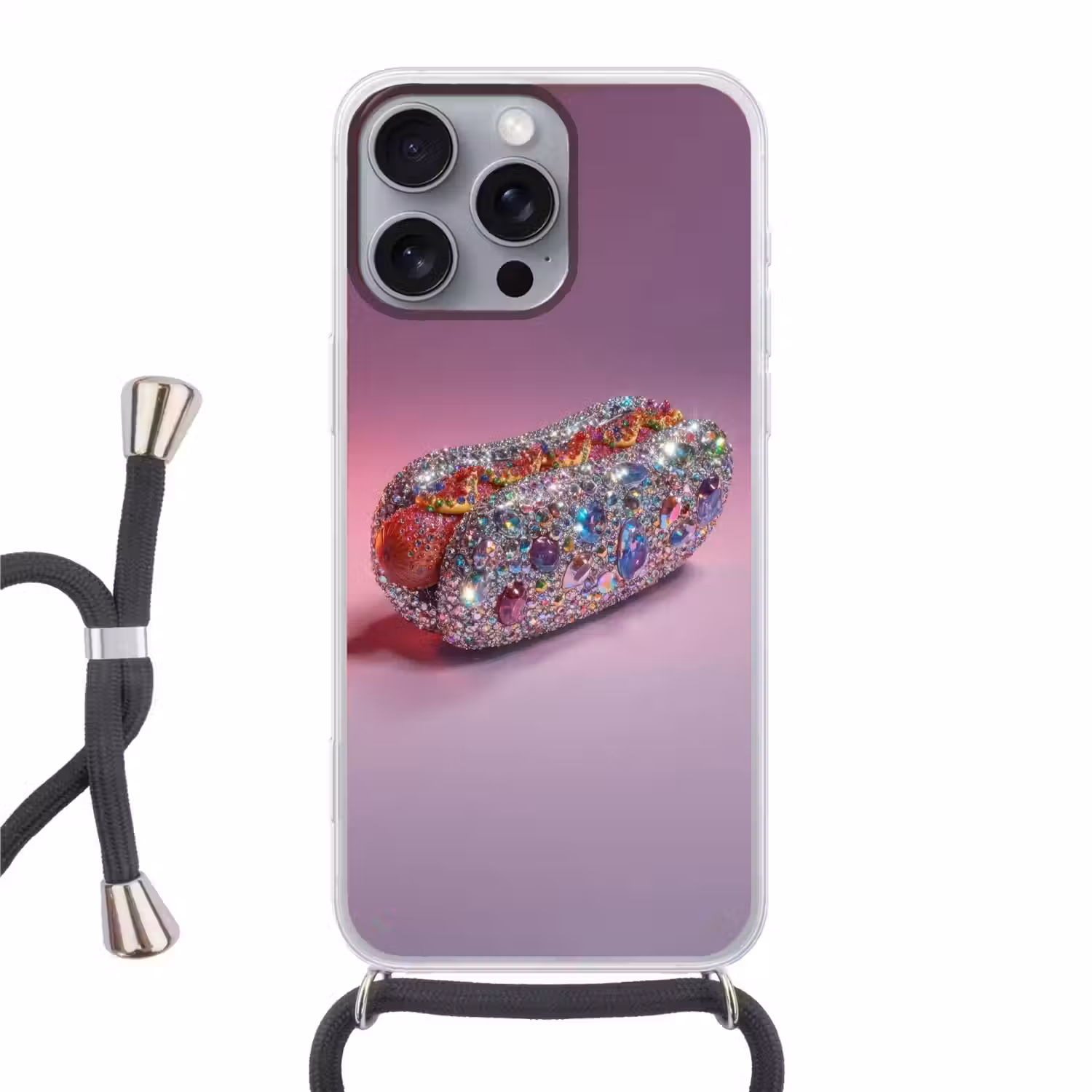 Hotdog - Steentjes - Glitters - Paars Hoesje iPhone 16 Pro Max met koord klein -3d