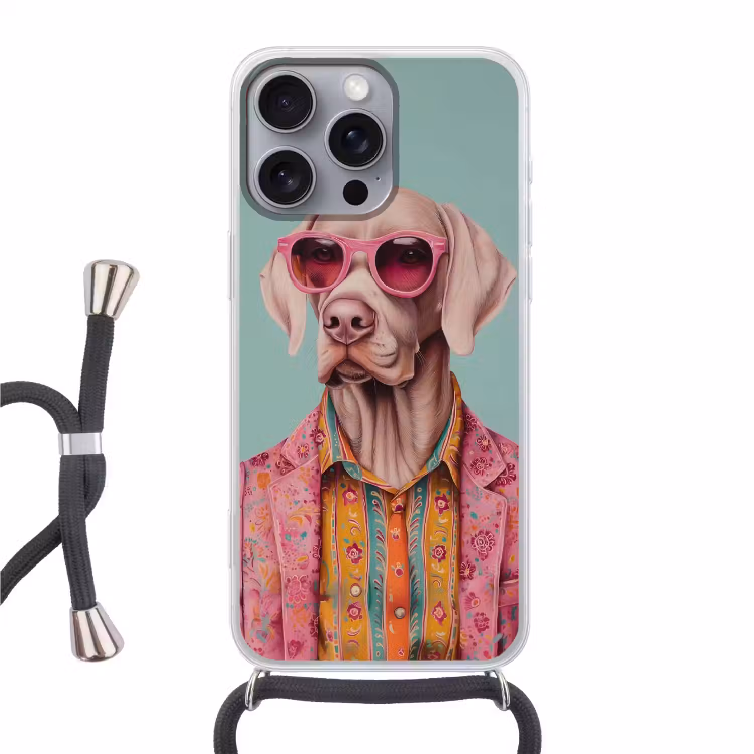 Hond - Overhemd - Bloemen - Bril Hoesje iPhone 16 Pro Max met koord klein -3d