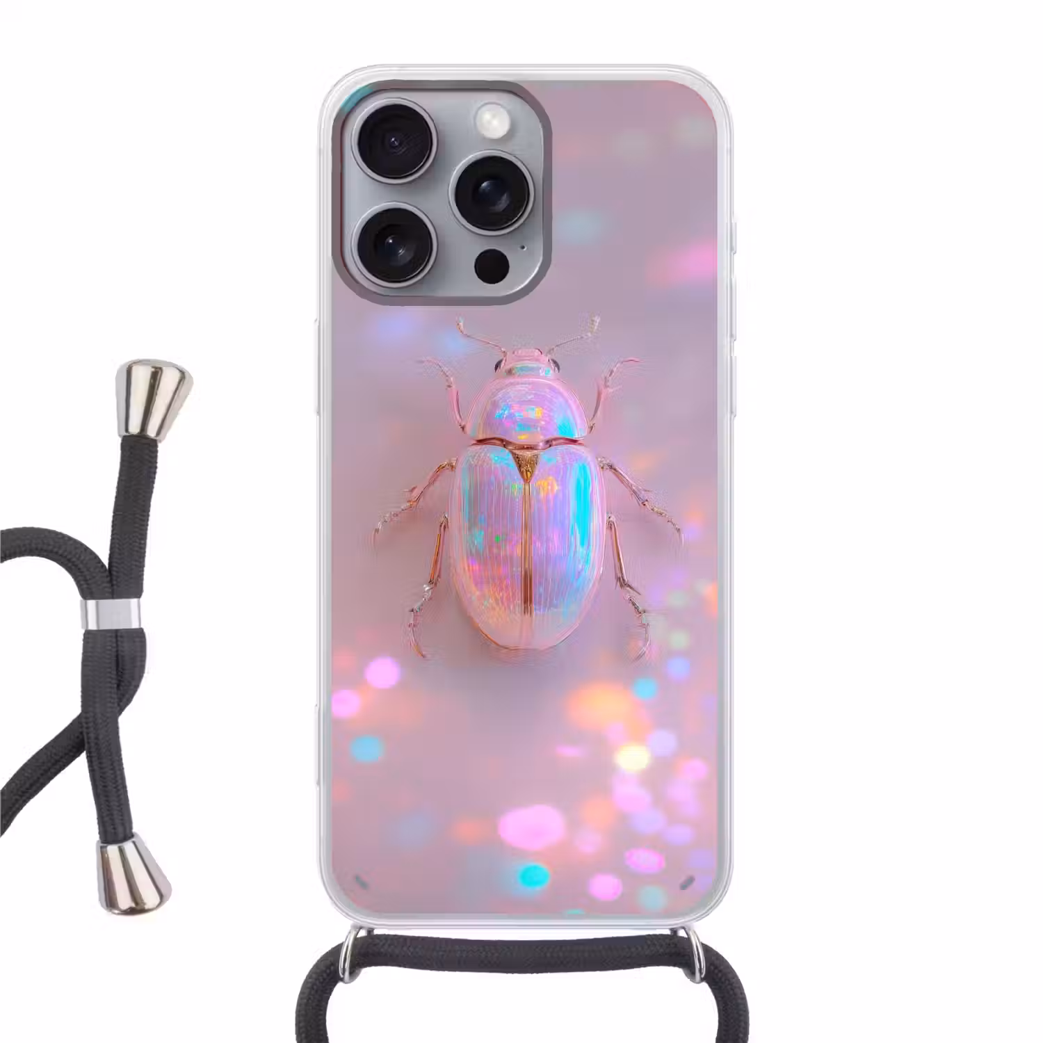 Kever - Metallic - Lichteffect - Roze Hoesje iPhone 16 Pro Max met koord klein -3d